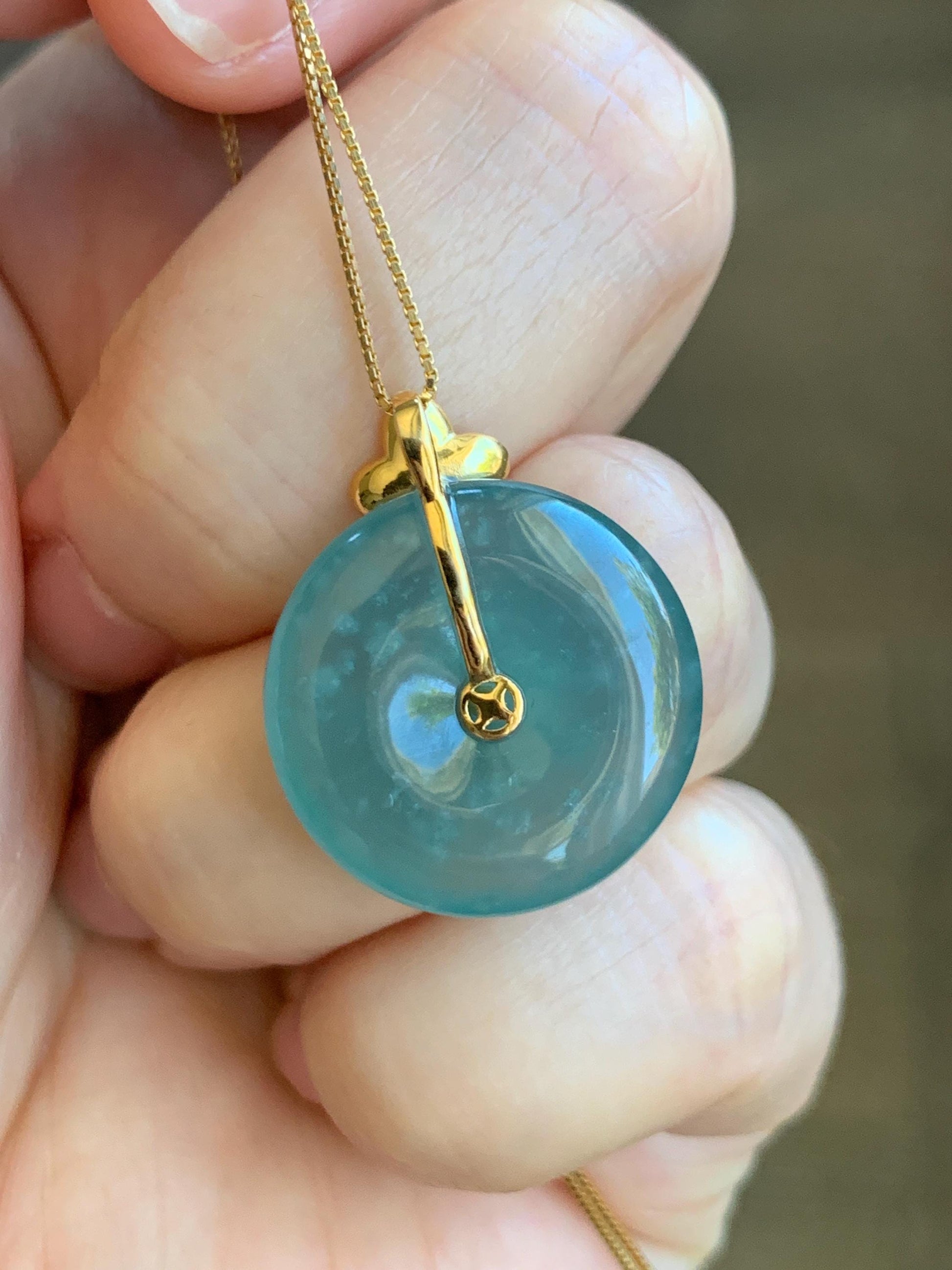 Certified Natural Guatemalan Icy Highly Translucent Teal Blue Jade Jadeite Ping An Kou Donut Pendant 14K Yellow Gold 天然冰危蓝平安扣镶嵌吊坠 9422
