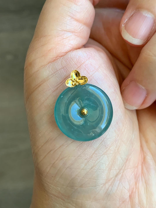 Certified Natural Guatemalan Icy Highly Translucent Teal Blue Jade Jadeite Ping An Kou Donut Pendant 14K Yellow Gold 天然冰危蓝平安扣镶嵌吊坠 9422
