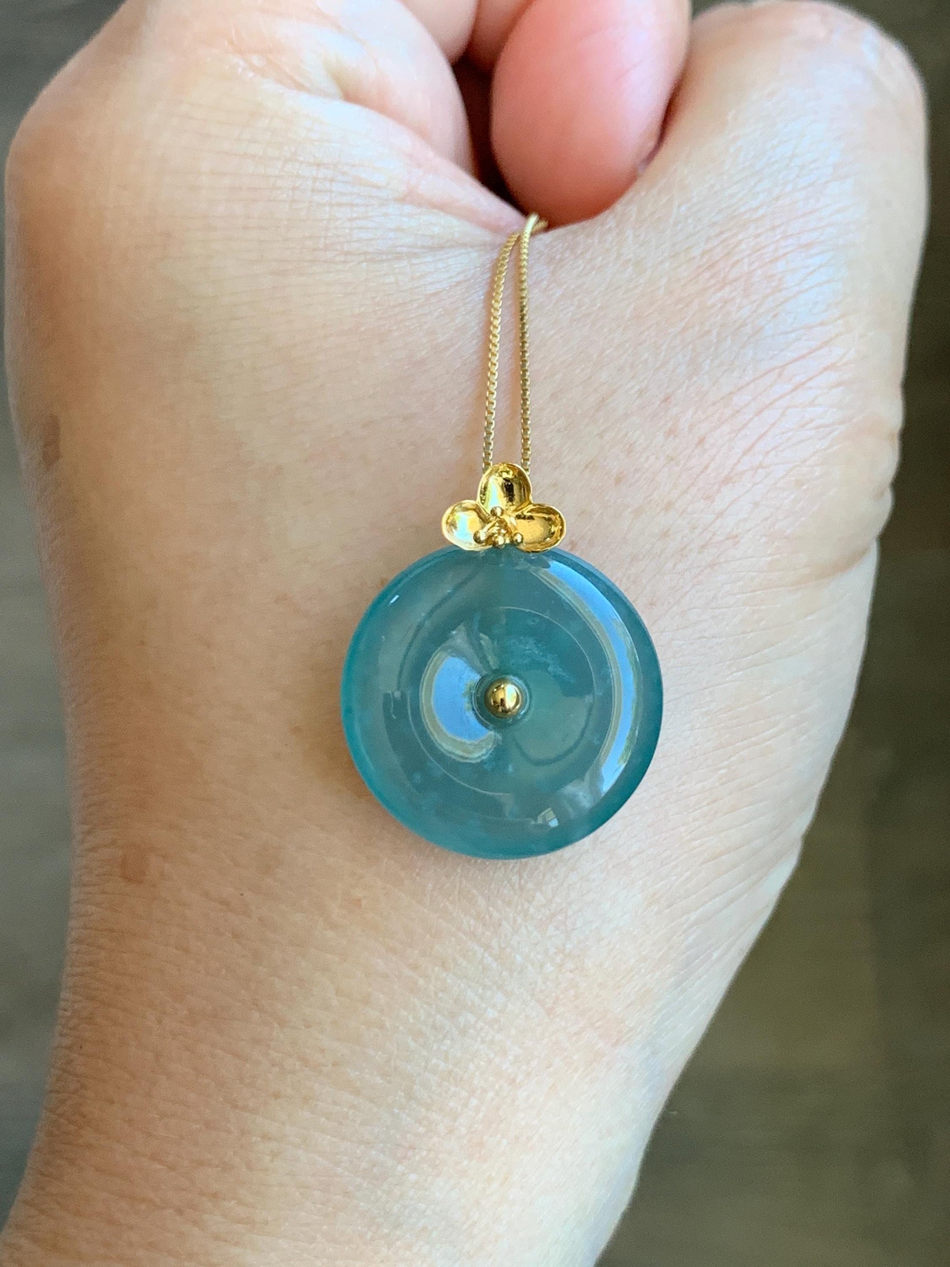 Certified Natural Guatemalan Icy Highly Translucent Teal Blue Jade Jadeite Ping An Kou Donut Pendant 14K Yellow Gold 天然冰危蓝平安扣镶嵌吊坠 9422