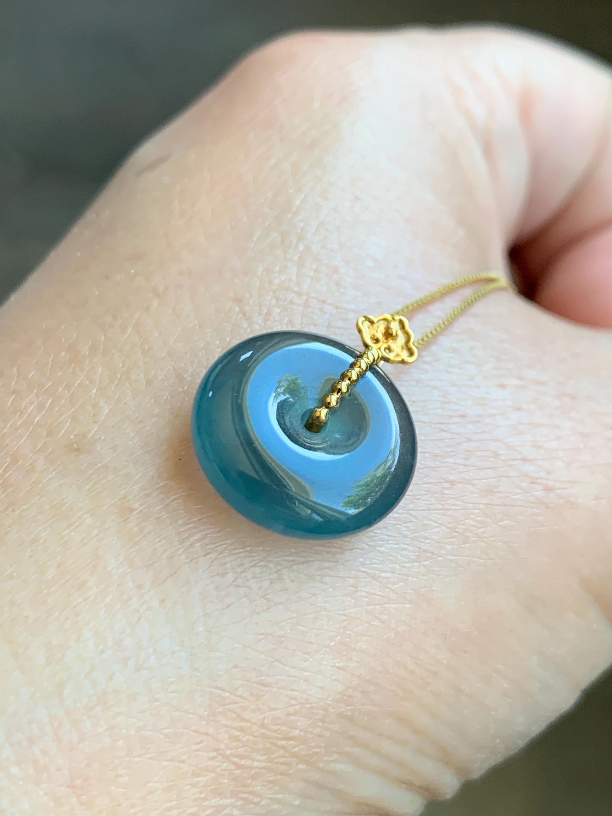 Certified Natural Guatemalan Icy Highly Translucent Aegean Blue Jadeite Ping An Kou Donut Petite Pendant 14K Yellow Gold 天然冰危深蓝平安扣镶嵌吊坠 9431