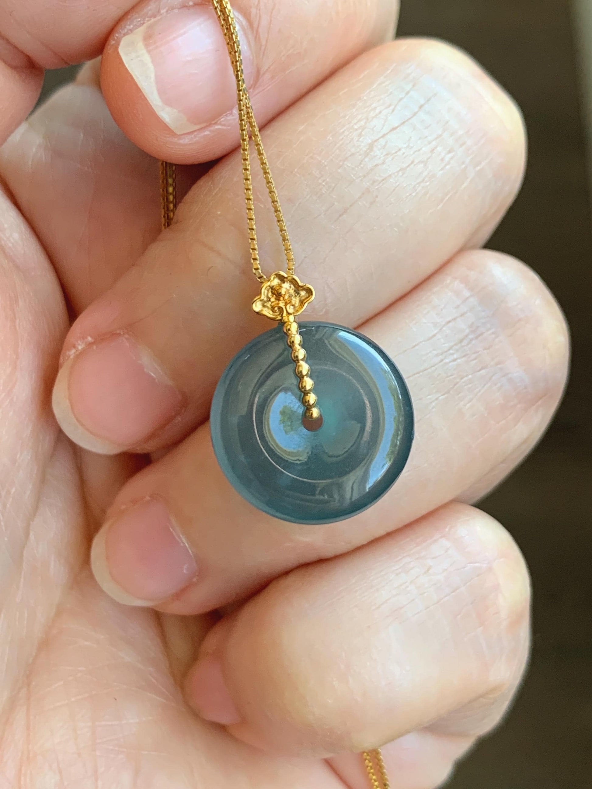 Certified Natural Guatemalan Icy Highly Translucent Aegean Blue Jadeite Ping An Kou Donut Petite Pendant 14K Yellow Gold 天然冰危深蓝平安扣镶嵌吊坠 9431