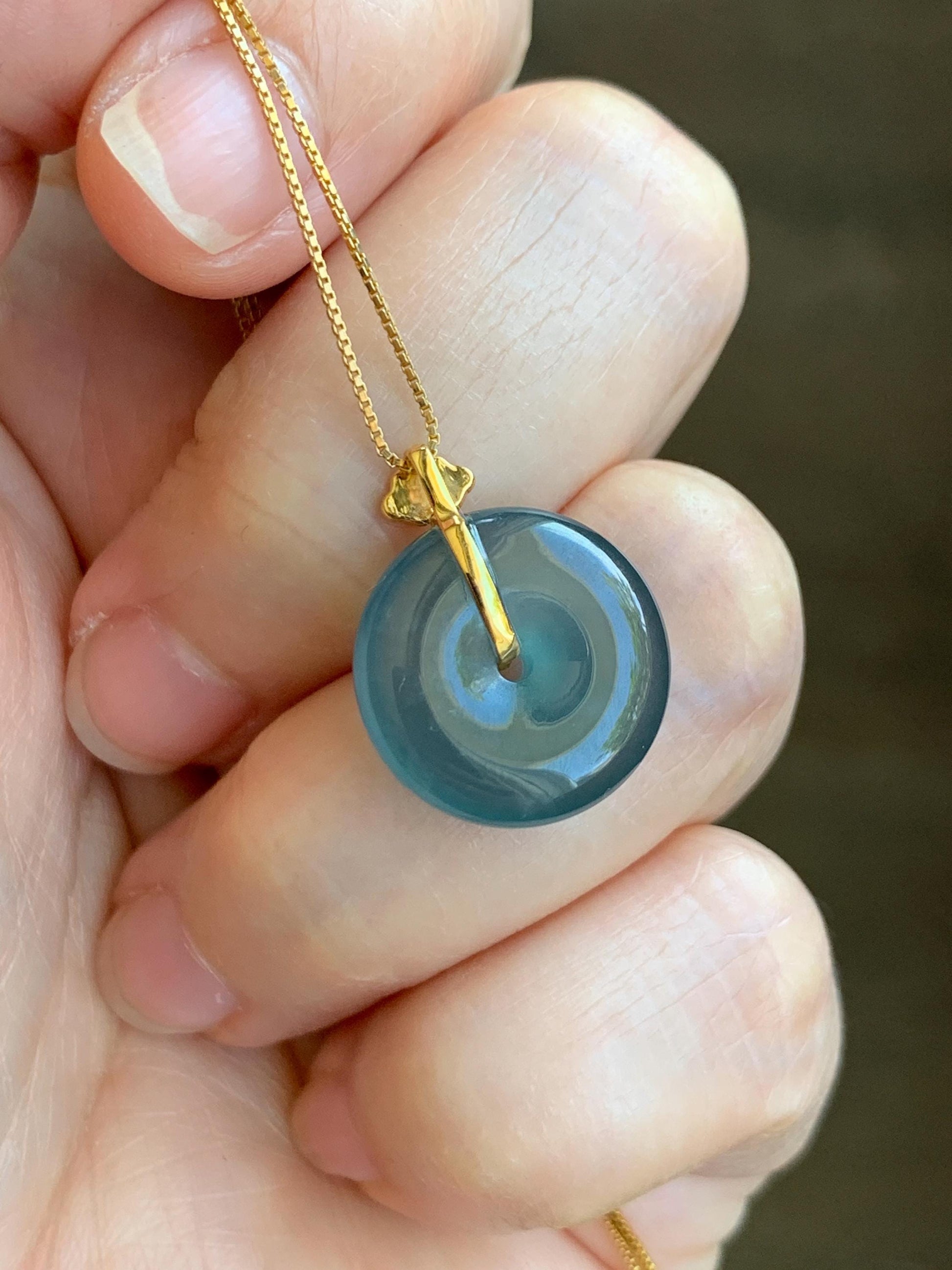 Certified Natural Guatemalan Icy Highly Translucent Aegean Blue Jadeite Ping An Kou Donut Petite Pendant 14K Yellow Gold 天然冰危深蓝平安扣镶嵌吊坠 9431