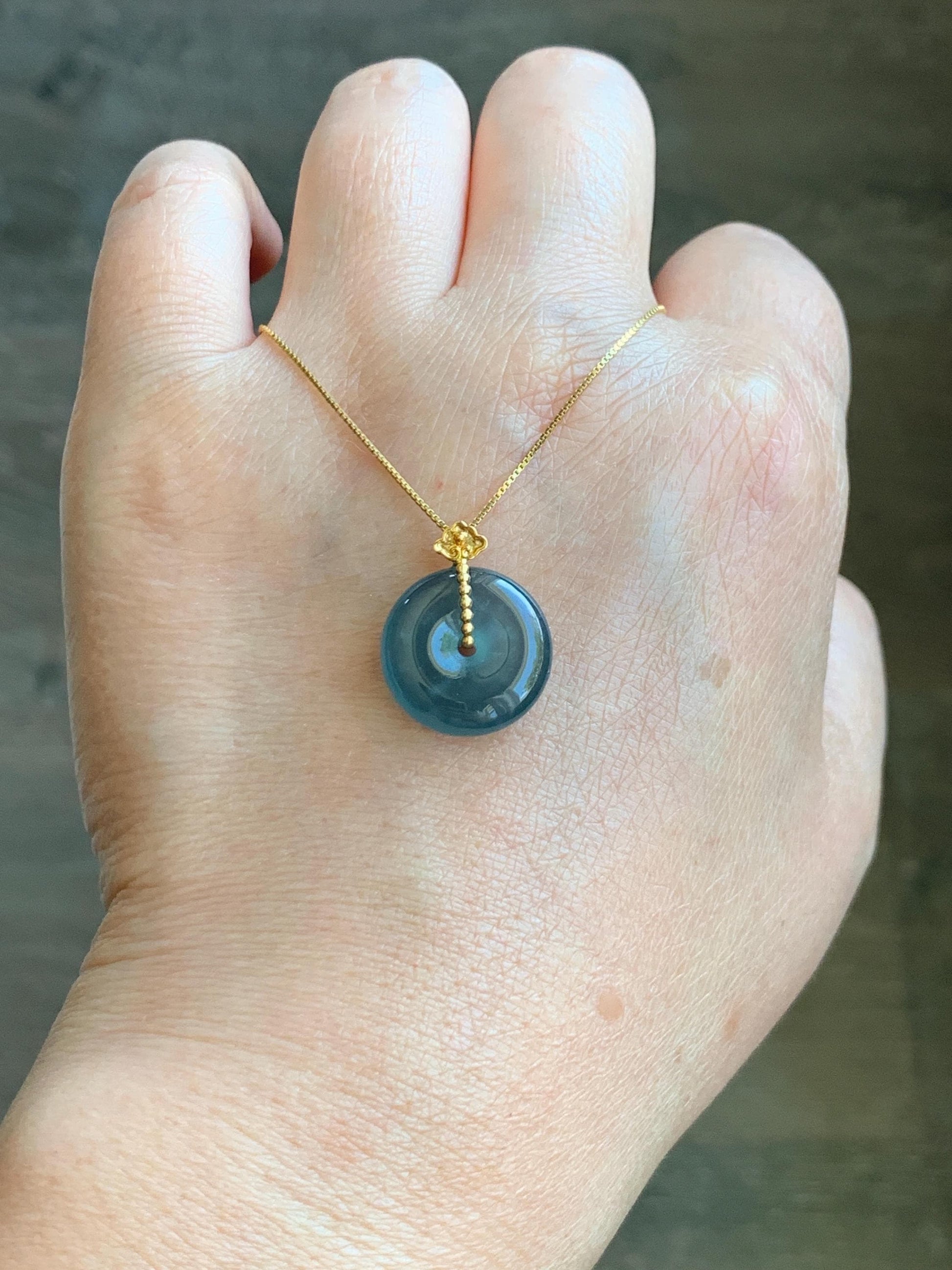 Certified Natural Guatemalan Icy Highly Translucent Aegean Blue Jadeite Ping An Kou Donut Petite Pendant 14K Yellow Gold 天然冰危深蓝平安扣镶嵌吊坠 9431