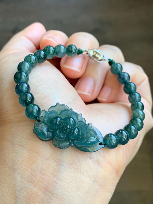Natural Grade A Guatemalan Icy Translucent Dark Teal Blue Jade Jadeite Lotus Flower Beaded Bracelet 7” Sterling Silver 天然冰危深蓝绿翡翠莲花手串 WLL245