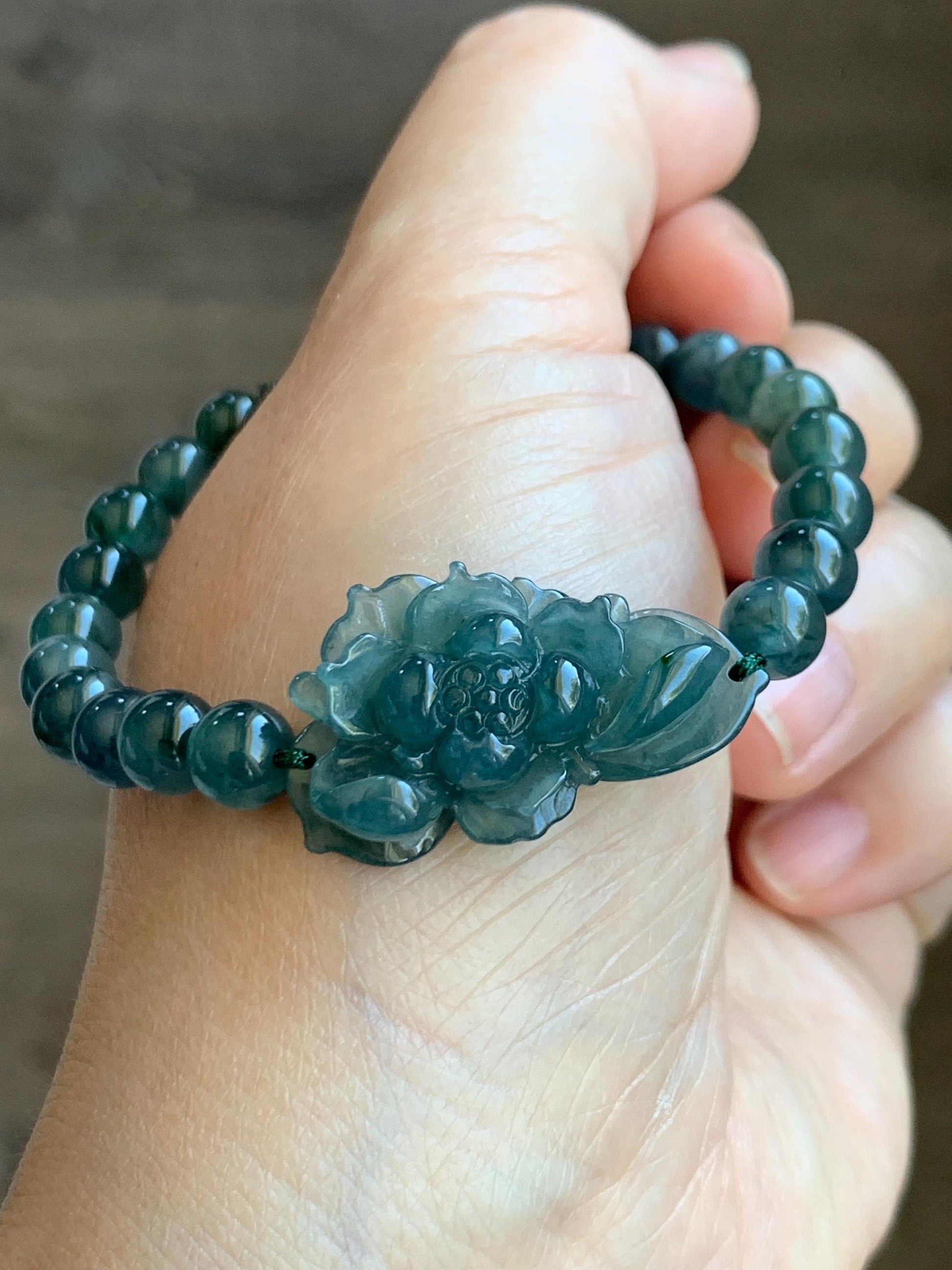 Natural Grade A Guatemalan Icy Translucent Dark Teal Blue Jade Jadeite Lotus Flower Beaded Bracelet 7” Sterling Silver 天然冰危深蓝绿翡翠莲花手串 WLL245