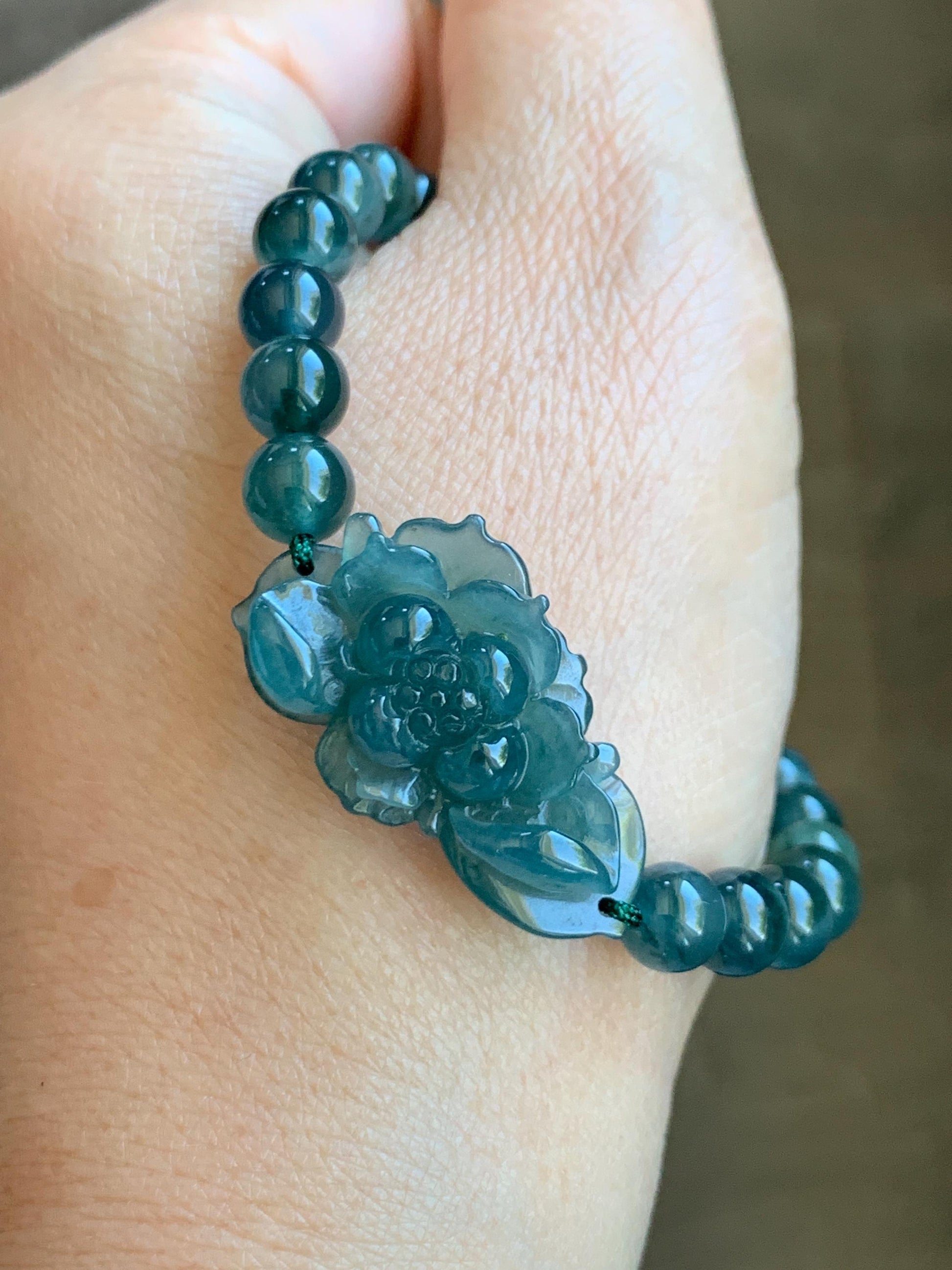 Natural Grade A Guatemalan Icy Translucent Dark Teal Blue Jade Jadeite Lotus Flower Beaded Bracelet 7” Sterling Silver 天然冰危深蓝绿翡翠莲花手串 WLL245