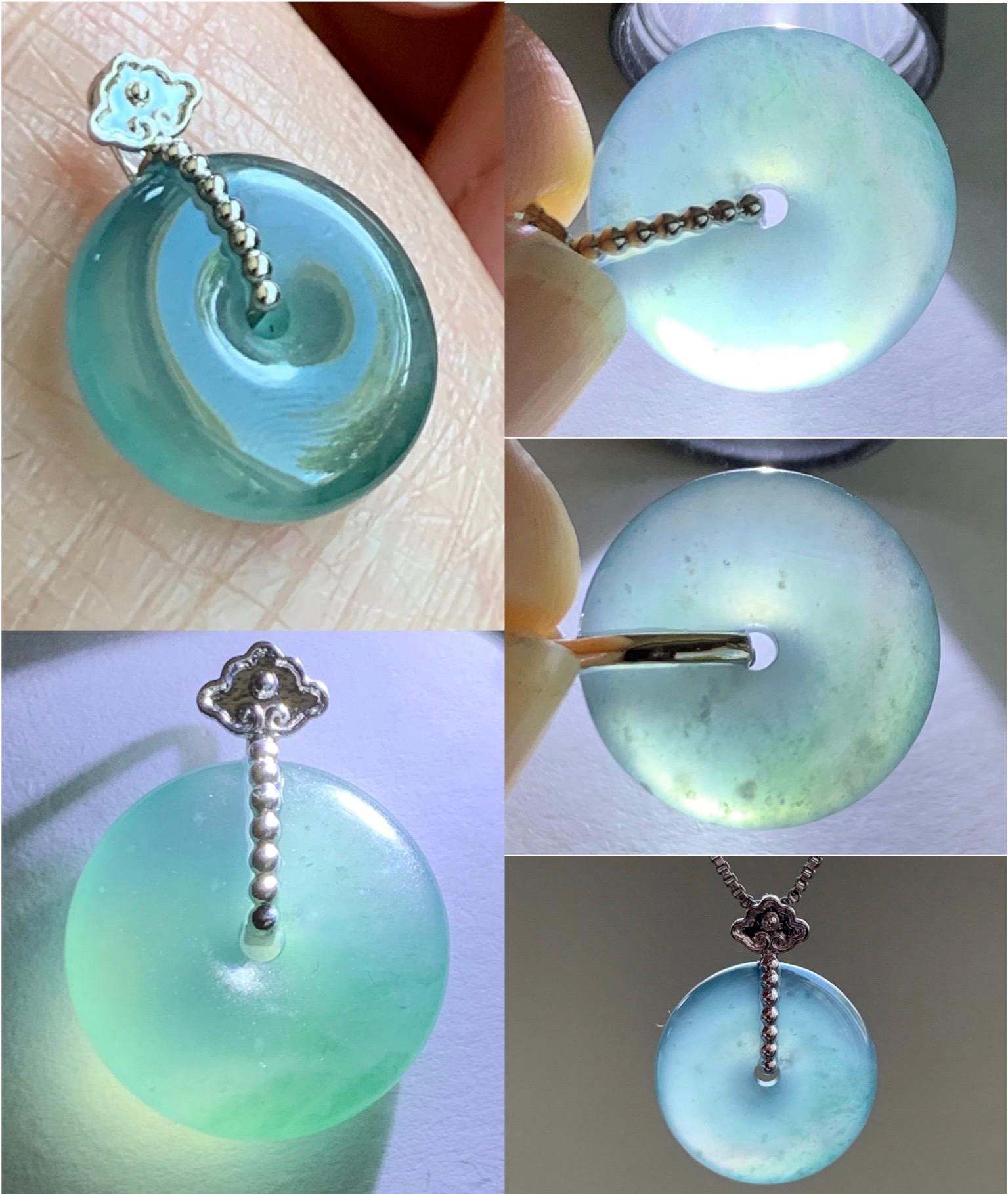 Certified Natural Guatemalan Icy Highly Translucent Teal Blue Jadeite Ping An Kou Donut Petite Pendant 14K White Gold 天然冰危蓝绿平安扣镶嵌吊坠 9432