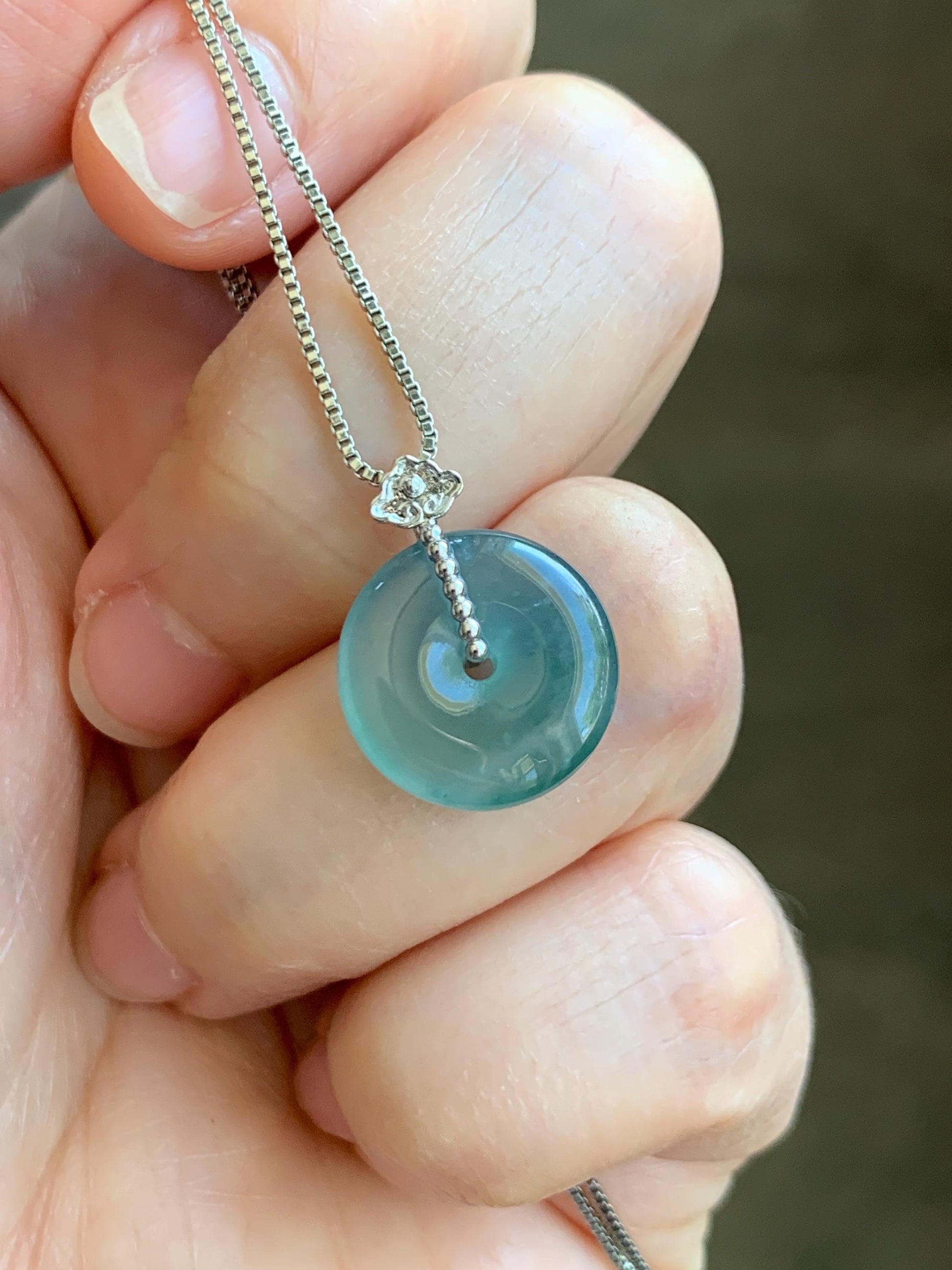 Certified Natural Guatemalan Icy Highly Translucent Teal Blue Jadeite Ping An Kou Donut Petite Pendant 14K White Gold 天然冰危蓝绿平安扣镶嵌吊坠 9432