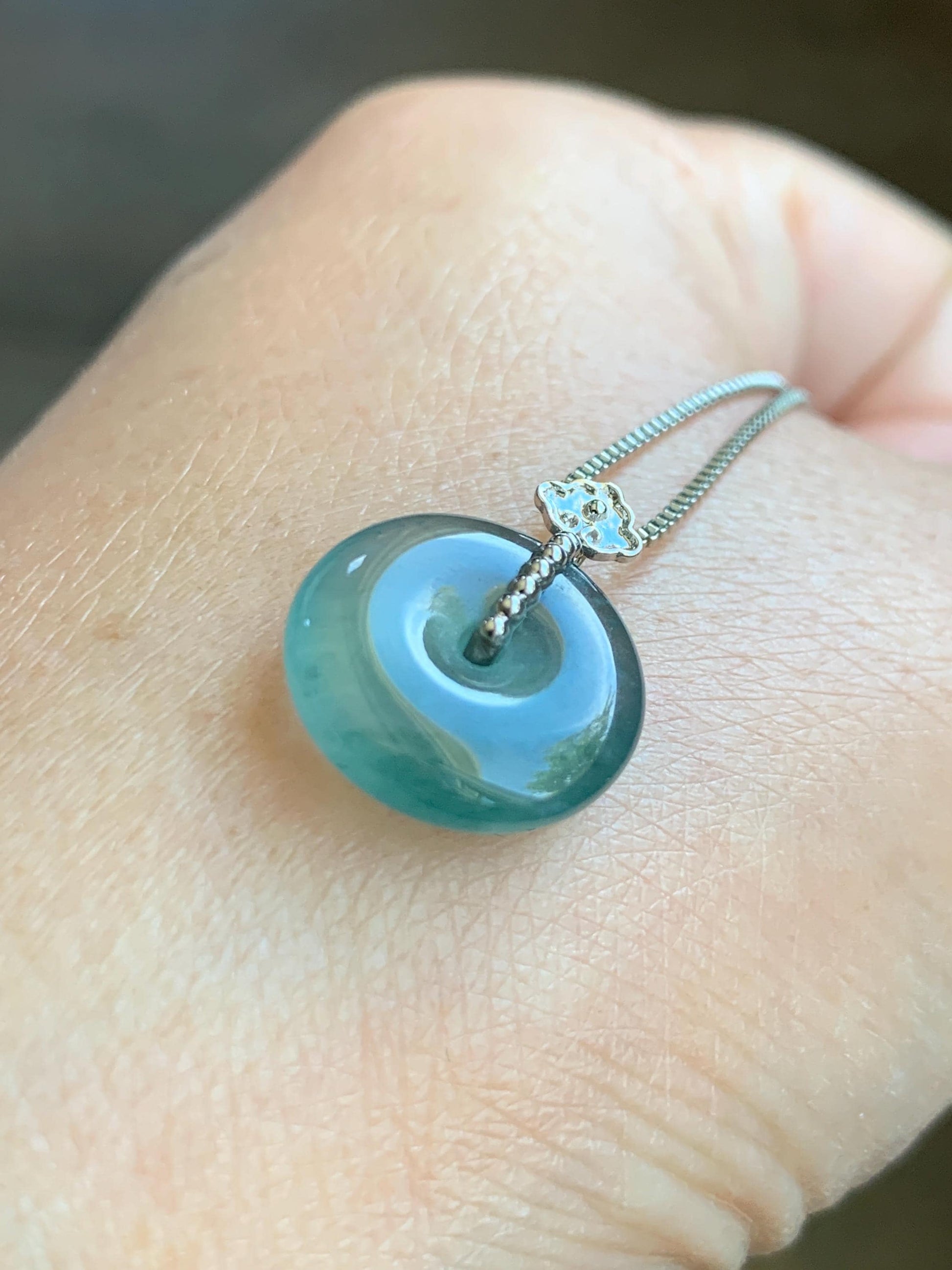 Certified Natural Guatemalan Icy Highly Translucent Teal Blue Jadeite Ping An Kou Donut Petite Pendant 14K White Gold 天然冰危蓝绿平安扣镶嵌吊坠 9432