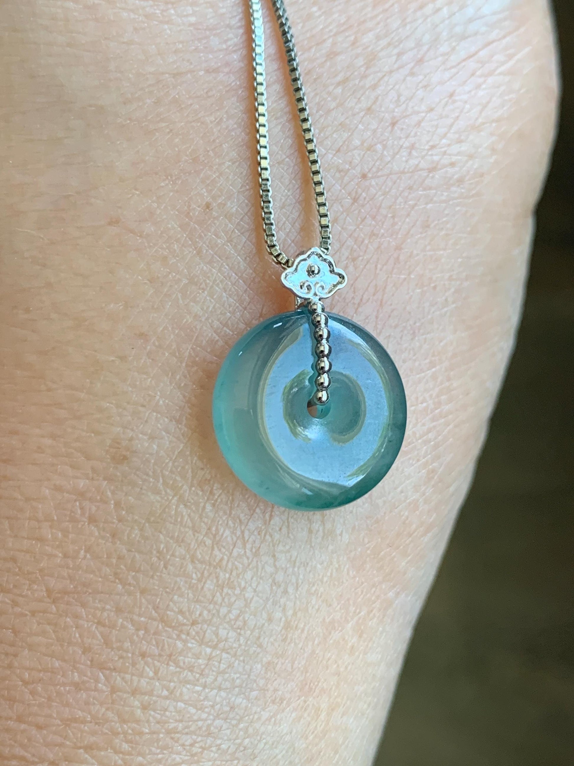 Certified Natural Guatemalan Icy Highly Translucent Teal Blue Jadeite Ping An Kou Donut Petite Pendant 14K White Gold 天然冰危蓝绿平安扣镶嵌吊坠 9432