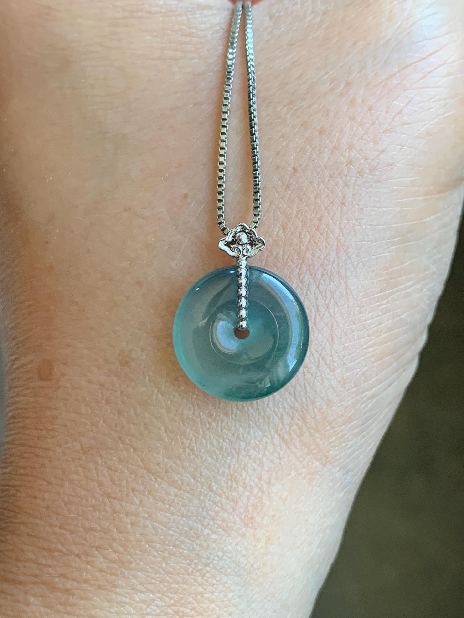 Certified Natural Guatemalan Icy Highly Translucent Teal Blue Jadeite Ping An Kou Donut Petite Pendant 14K White Gold 天然冰危蓝绿平安扣镶嵌吊坠 9432