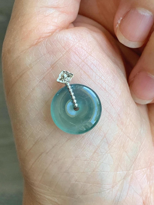 Certified Natural Guatemalan Icy Highly Translucent Teal Blue Jadeite Ping An Kou Donut Petite Pendant 14K White Gold 天然冰危蓝绿平安扣镶嵌吊坠 9432