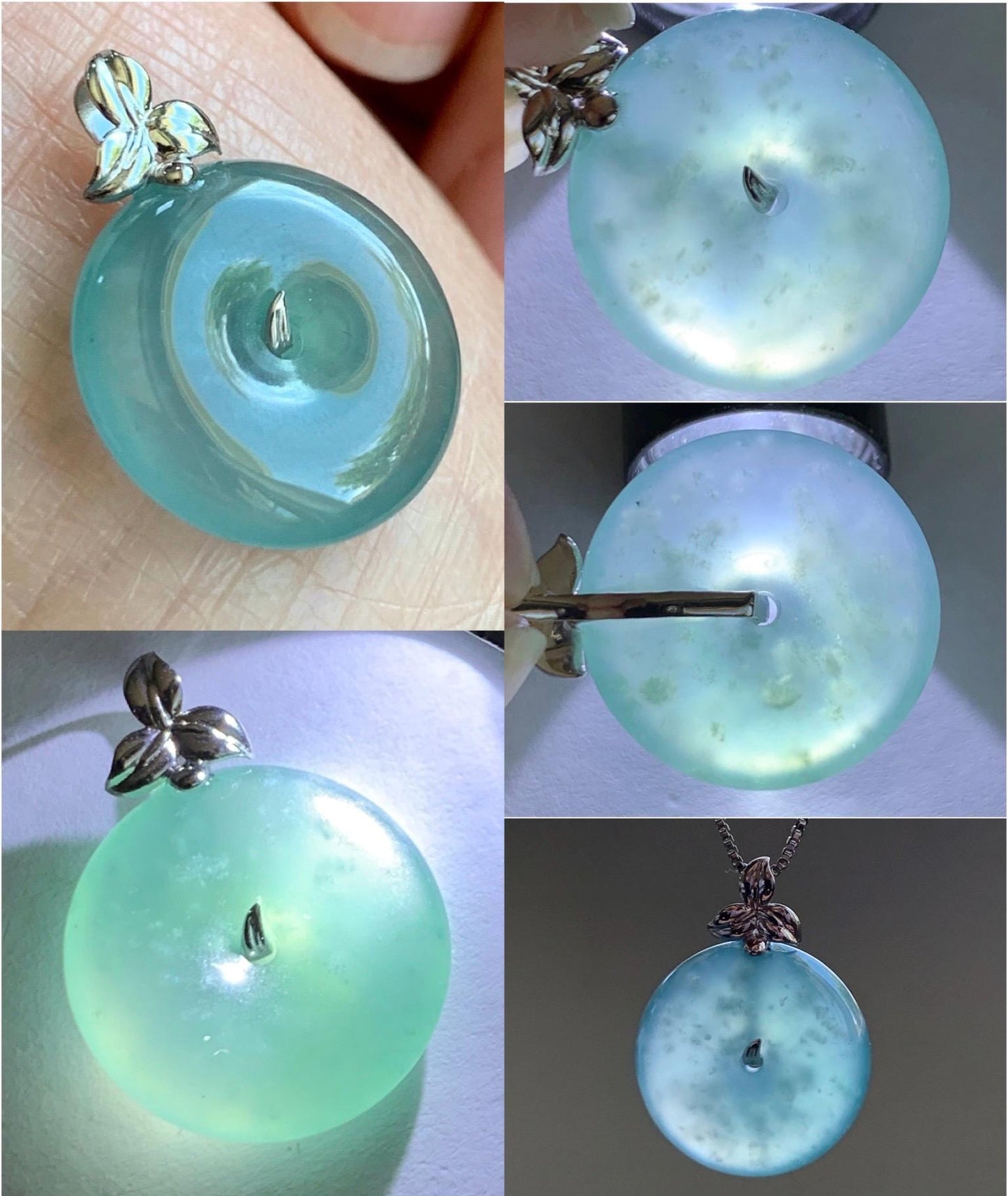 Certified Natural Guatemalan Icy Highly Translucent Light Teal Blue Jadeite Ping An Kou Donut Pendant 14K White Gold 天然冰危蓝绿平安扣镶嵌吊坠 9421