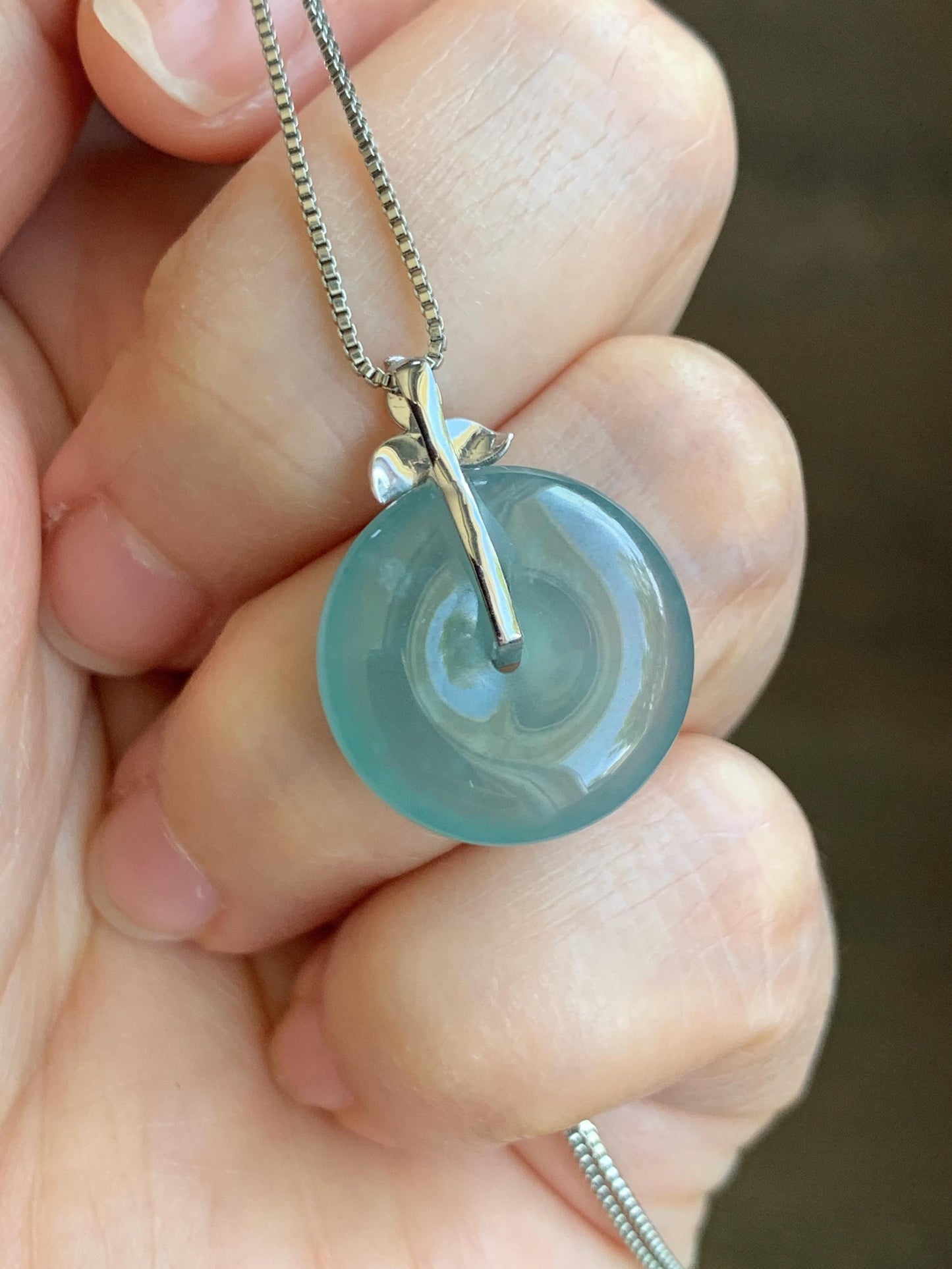 Certified Natural Guatemalan Icy Highly Translucent Light Teal Blue Jadeite Ping An Kou Donut Pendant 14K White Gold 天然冰危蓝绿平安扣镶嵌吊坠 9421