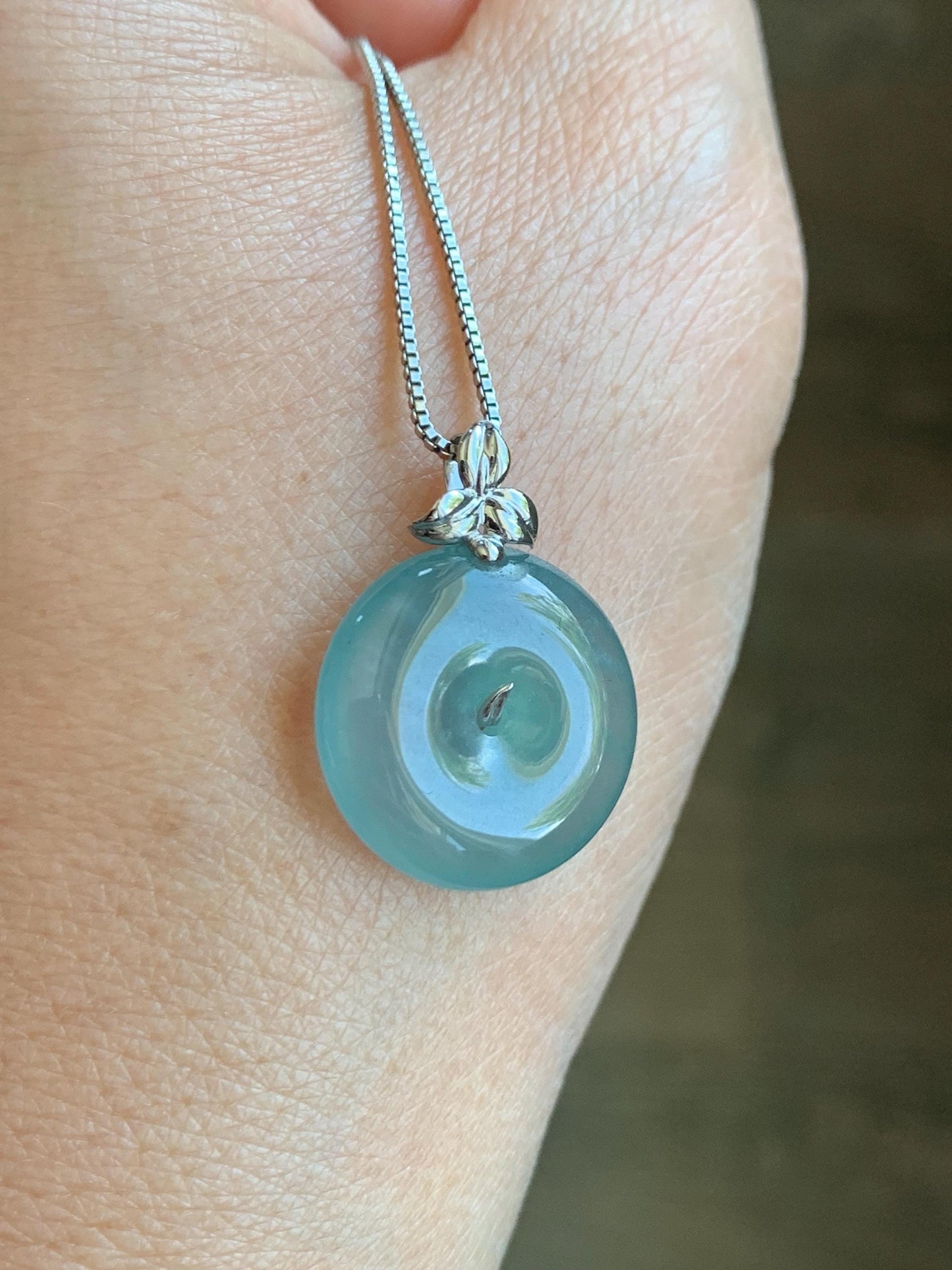 Certified Natural Guatemalan Icy Highly Translucent Light Teal Blue Jadeite Ping An Kou Donut Pendant 14K White Gold 天然冰危蓝绿平安扣镶嵌吊坠 9421