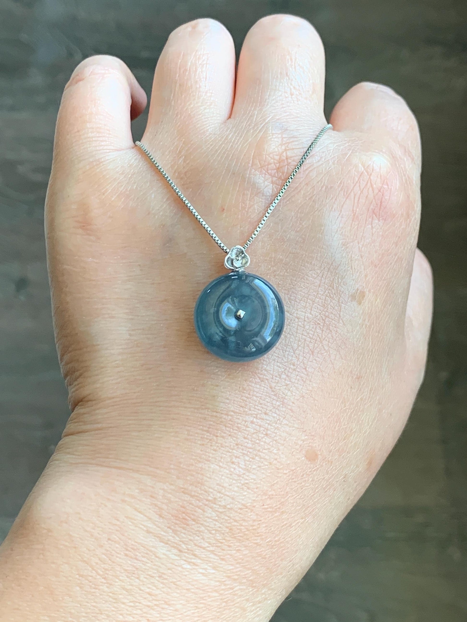 Certified Natural Grade A Guatemalan Icy Highly Translucent Blue Jade Jadeite Ping An Kou Donut Pendant 14K White Gold 天然冰危蓝平安扣镶嵌吊坠 9450