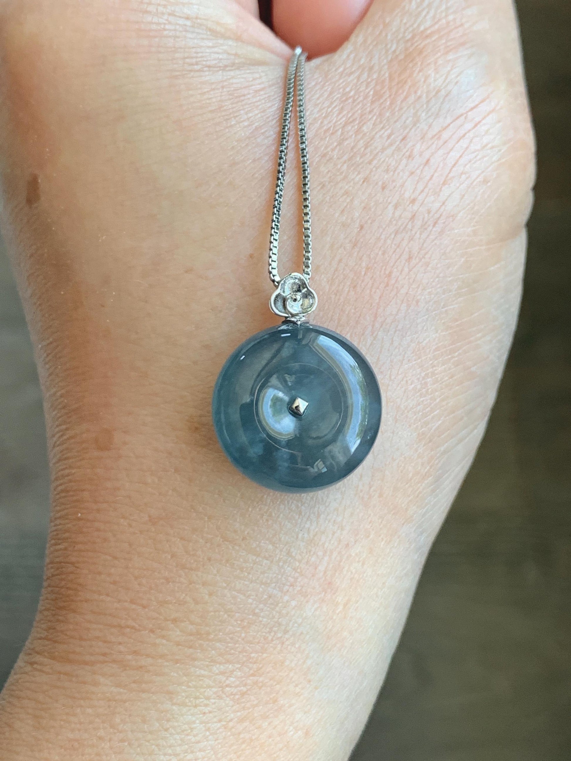 Certified Natural Grade A Guatemalan Icy Highly Translucent Blue Jade Jadeite Ping An Kou Donut Pendant 14K White Gold 天然冰危蓝平安扣镶嵌吊坠 9450