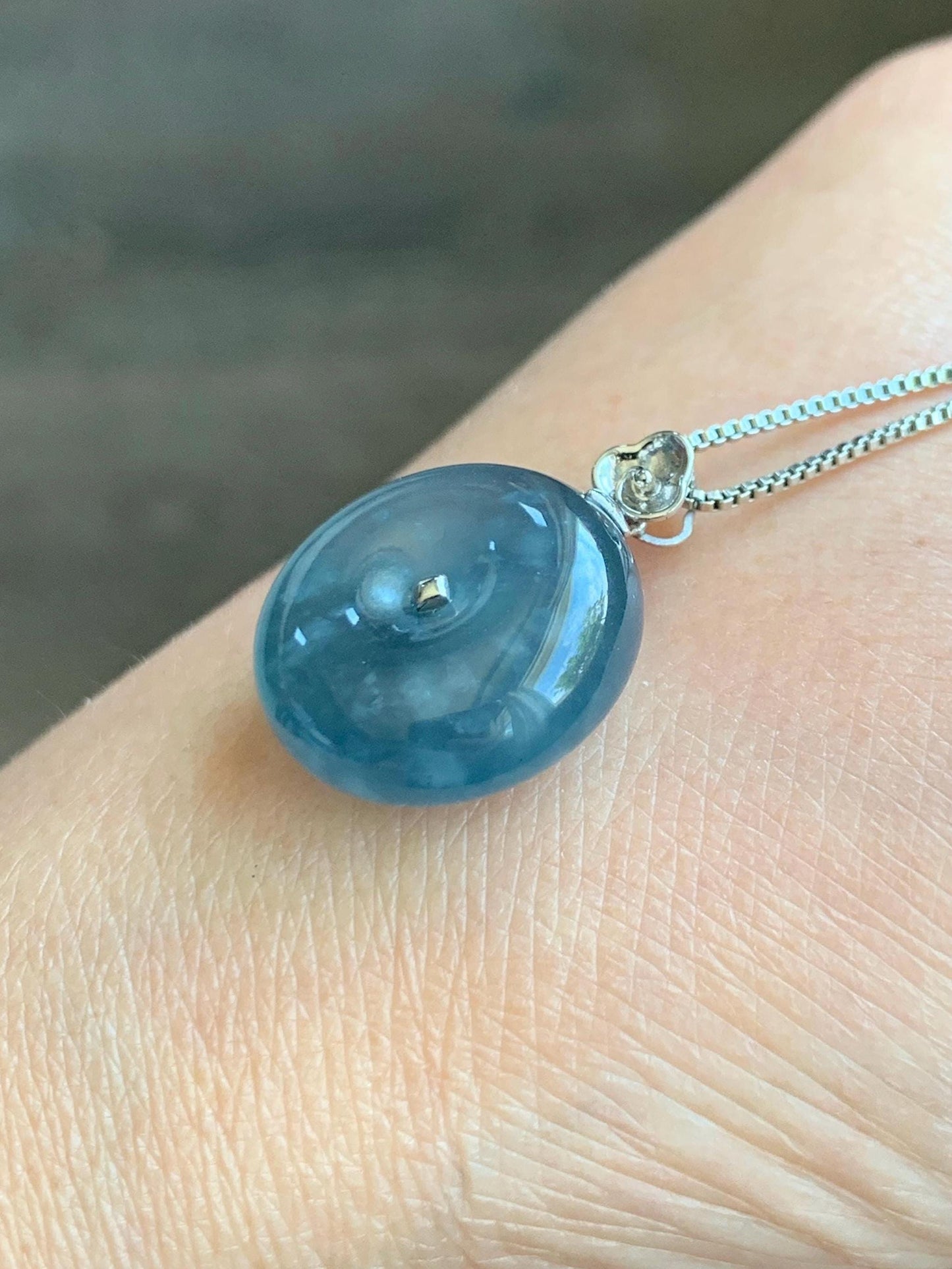 Certified Natural Grade A Guatemalan Icy Highly Translucent Blue Jade Jadeite Ping An Kou Donut Pendant 14K White Gold 天然冰危蓝平安扣镶嵌吊坠 9450