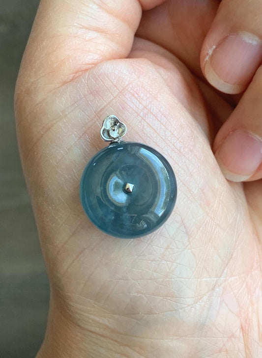 Certified Natural Grade A Guatemalan Icy Highly Translucent Blue Jade Jadeite Ping An Kou Donut Pendant 14K White Gold 天然冰危蓝平安扣镶嵌吊坠 9450