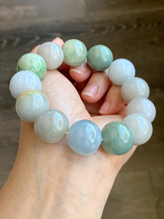 Certified Natural Grade A Icy Translucent Multicolored Jade Jadeite Large Beads Beaded Bracelet 17.9mm 8.5" 132g 天然冰多宝翡翠大卡圆珠手串 9402