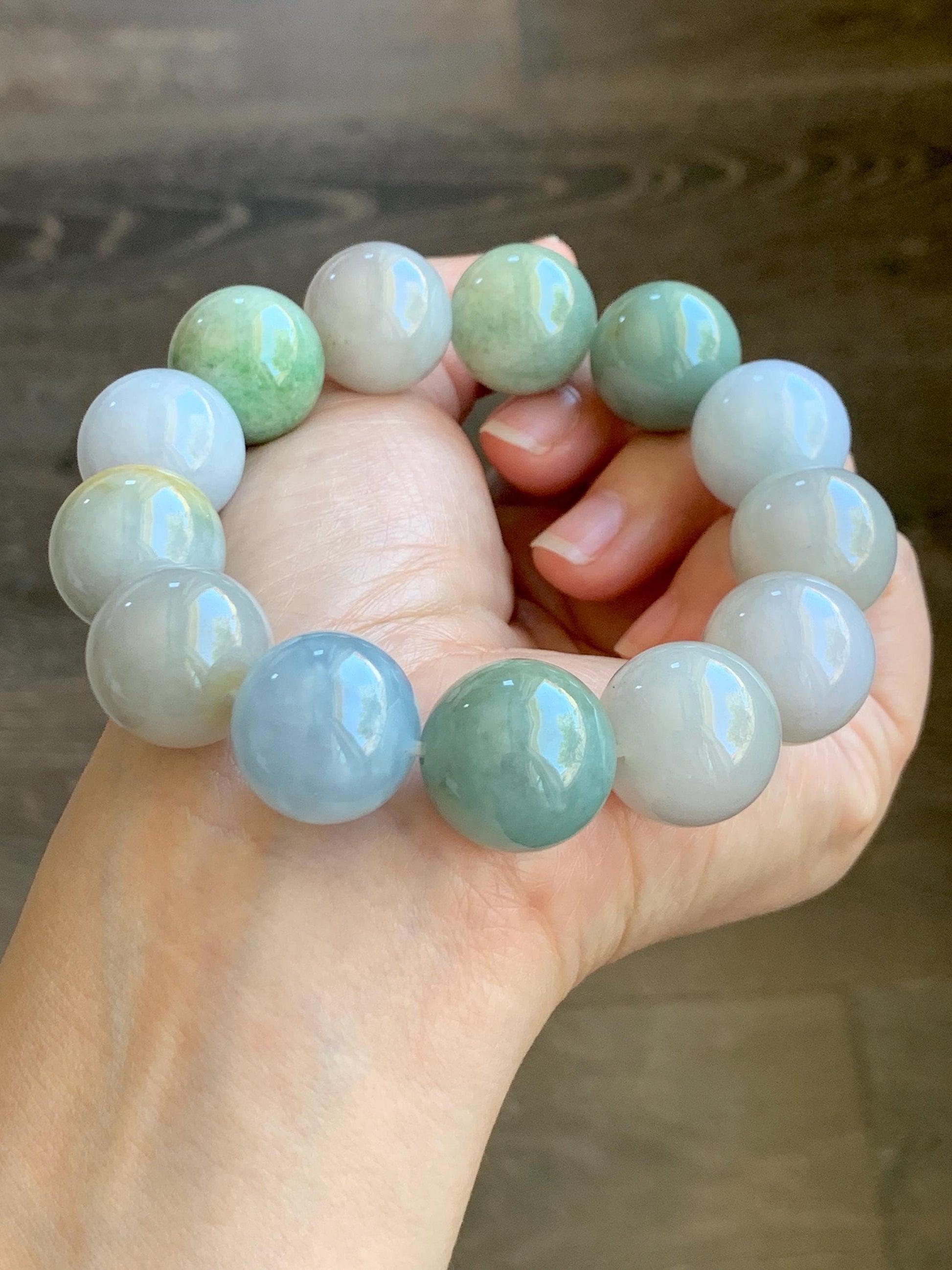 Certified Natural Grade A Icy Translucent Multicolored Jade Jadeite Large Beads Beaded Bracelet 17.9mm 8.5" 132g 天然冰多宝翡翠大卡圆珠手串 9402