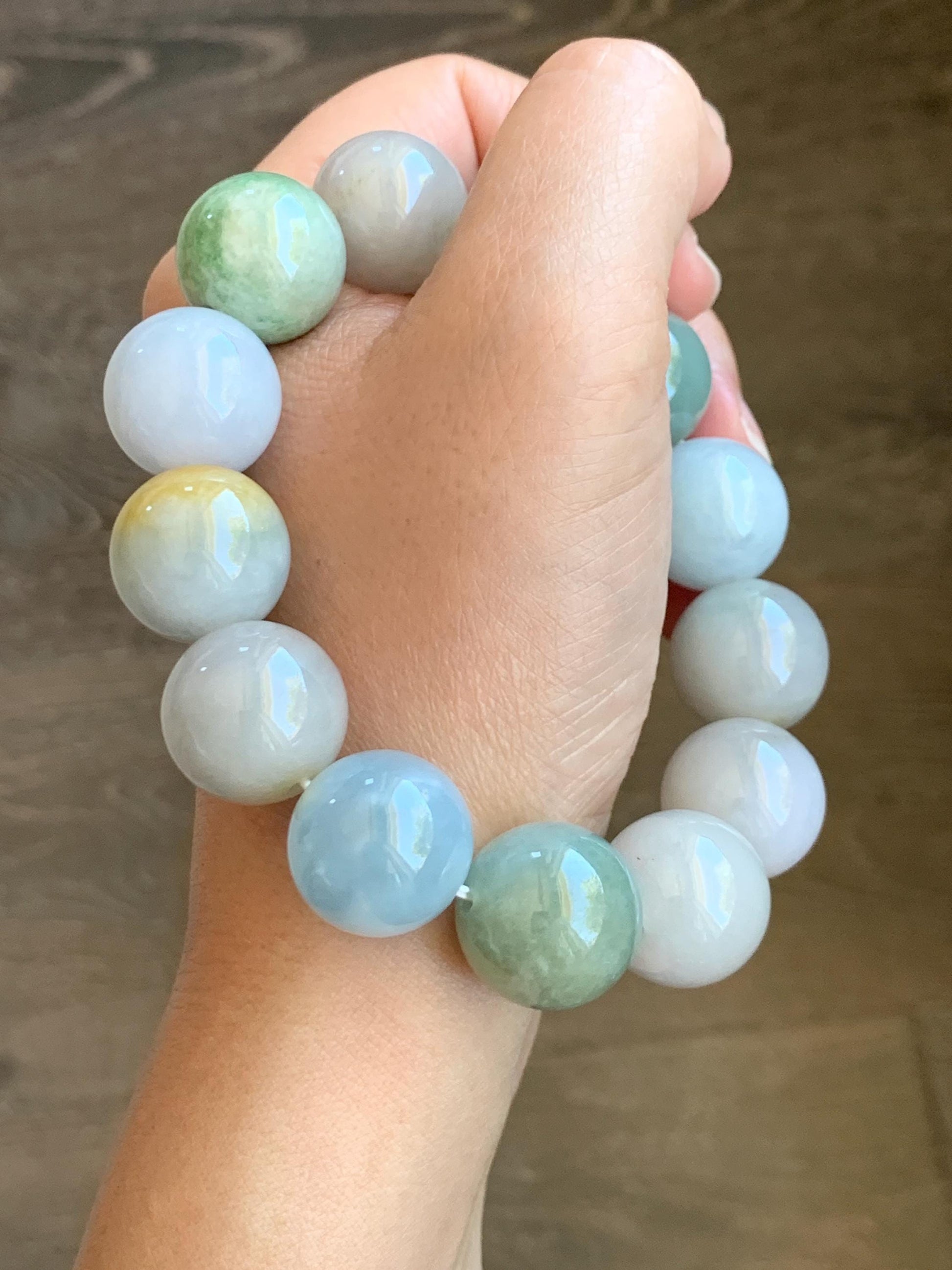 Certified Natural Grade A Icy Translucent Multicolored Jade Jadeite Large Beads Beaded Bracelet 17.9mm 8.5" 132g 天然冰多宝翡翠大卡圆珠手串 9402