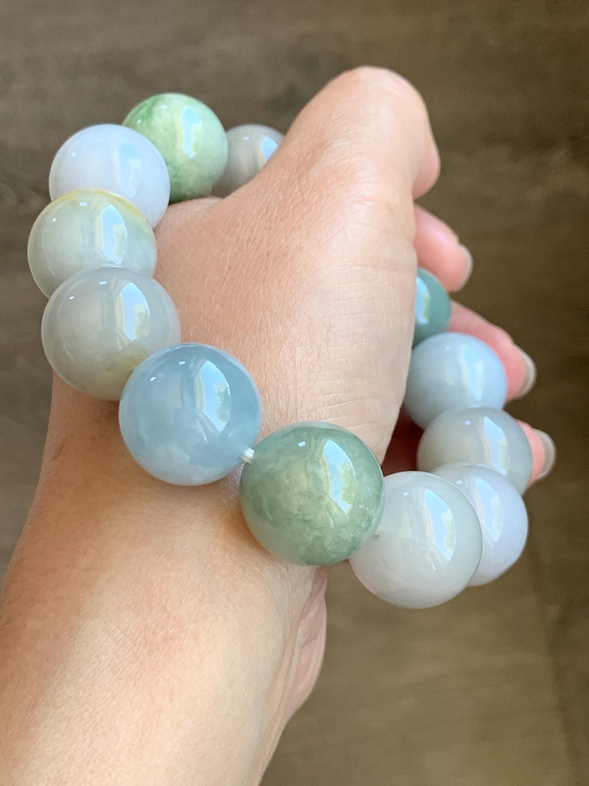 Certified Natural Grade A Icy Translucent Multicolored Jade Jadeite Large Beads Beaded Bracelet 17.9mm 8.5" 132g 天然冰多宝翡翠大卡圆珠手串 9402