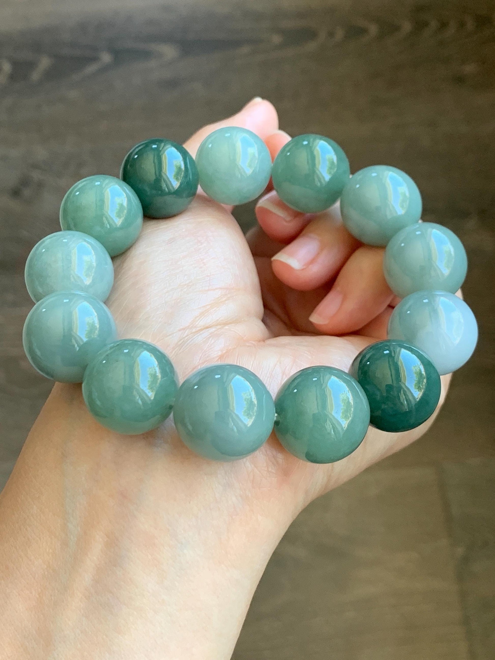 Certified Natural Grade A Icy Translucent Multicolored Green Jade Jadeite Large Beads Beaded Bracelet 18mm 8.5" 134g 天然冰多宝翡翠大卡圆珠手串 9401