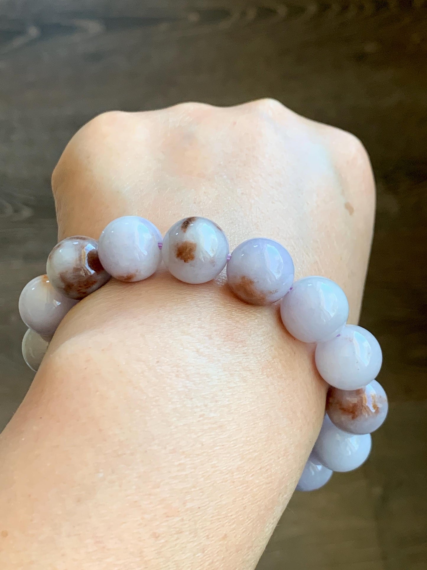 Natural Grade A Icy Translucent Pastel Purple Rust Marbled Jade Jadeite Large Beads Beaded Bracelet 12.8mm 7.5” 58g 天然宝紫飘红花翡翠大卡圆珠手串 ZPH330