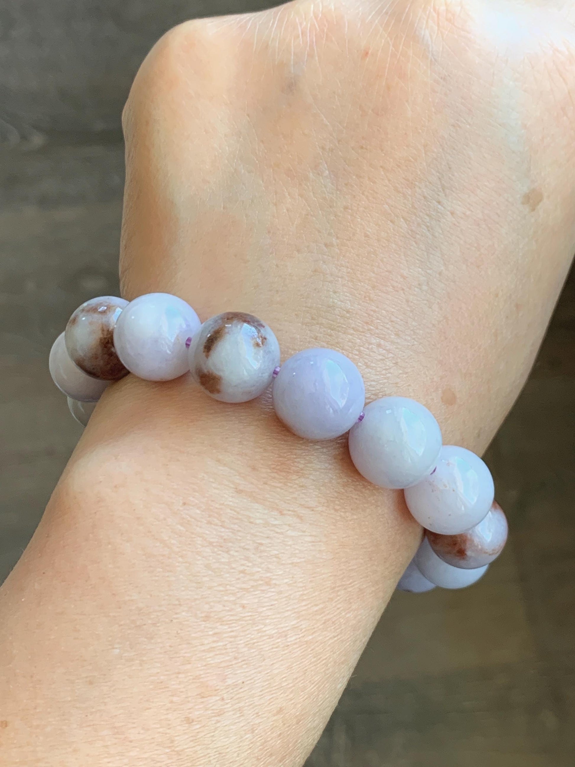 Natural Grade A Icy Translucent Pastel Purple Rust Marbled Jade Jadeite Large Beads Beaded Bracelet 12.8mm 7.5” 58g 天然宝紫飘红花翡翠大卡圆珠手串 ZPH330