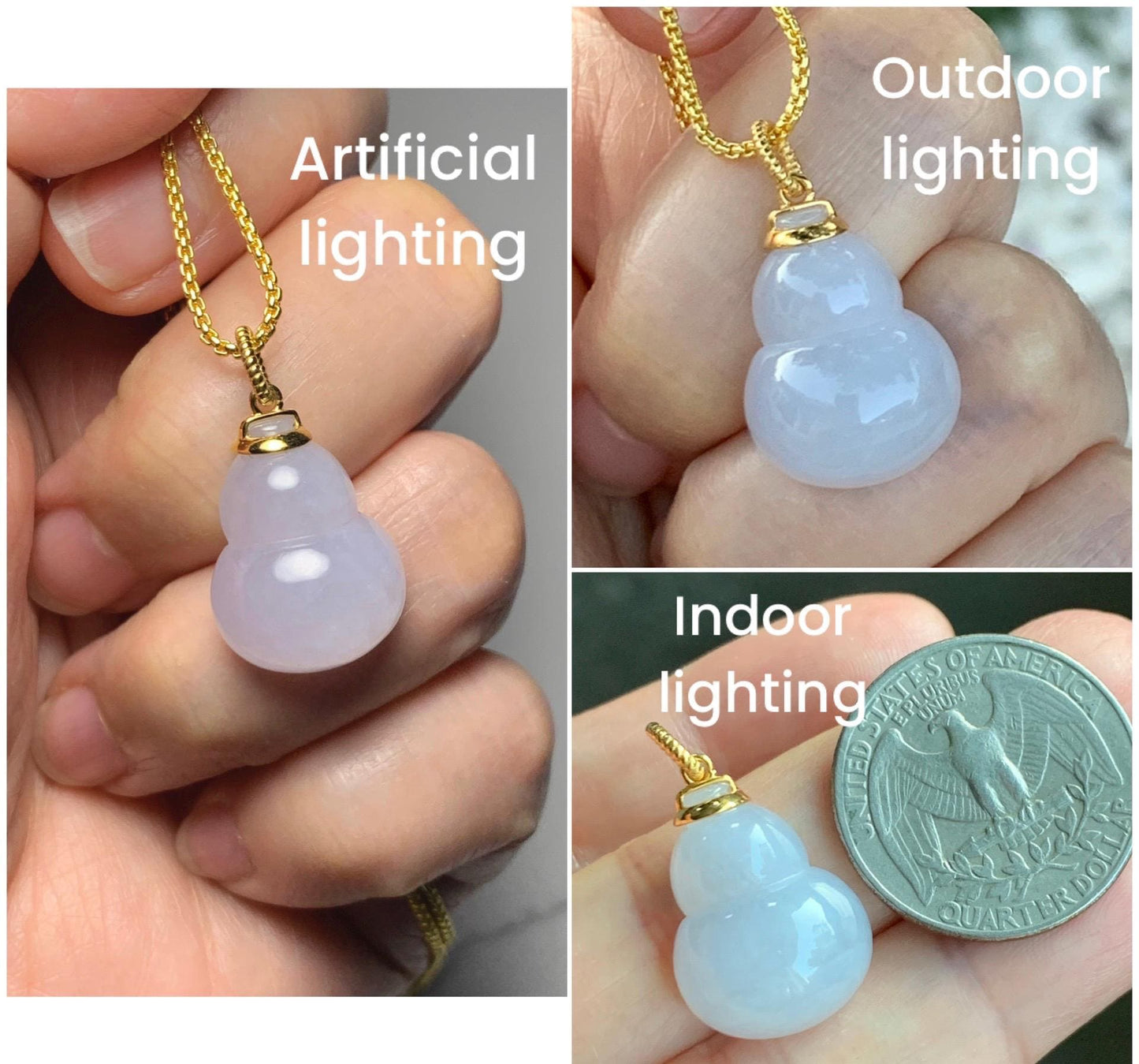 Certified Natural Grade A Icy Translucent Gelatinous Pastel Purple Jadeite Large Gourd Hulu Pendant 14K Yellow Gold 天然老种冰淡紫翡翠葫芦镶嵌吊坠 9452