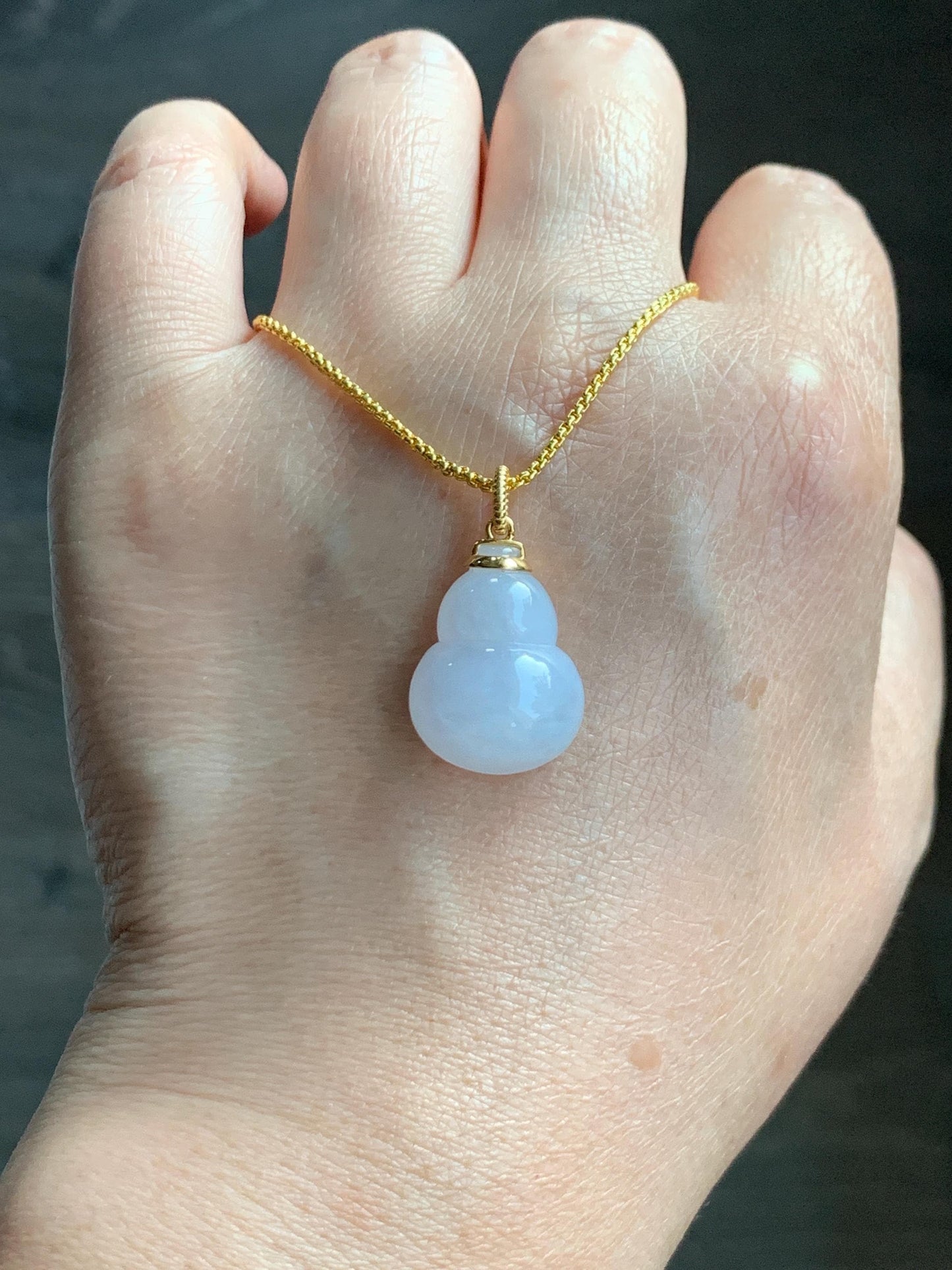 Certified Natural Grade A Icy Translucent Gelatinous Pastel Purple Jadeite Large Gourd Hulu Pendant 14K Yellow Gold 天然老种冰淡紫翡翠葫芦镶嵌吊坠 9452