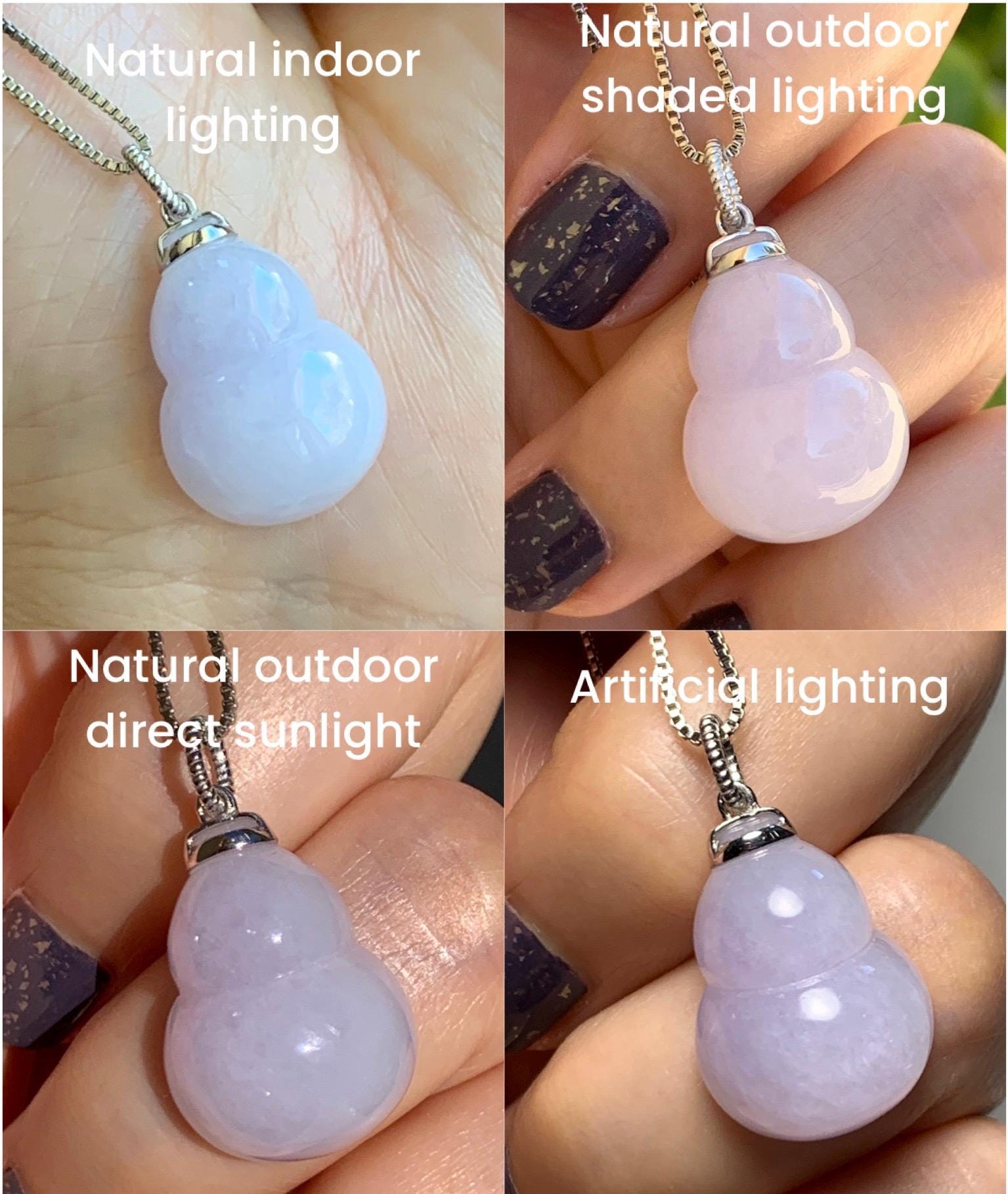 Certified Natural Grade A Icy Translucent Gelatinous Pastel Purple Jadeite Large Gourd Hulu Pendant 14K White Gold 天然老种冰淡紫翡翠葫芦镶嵌吊坠 9433