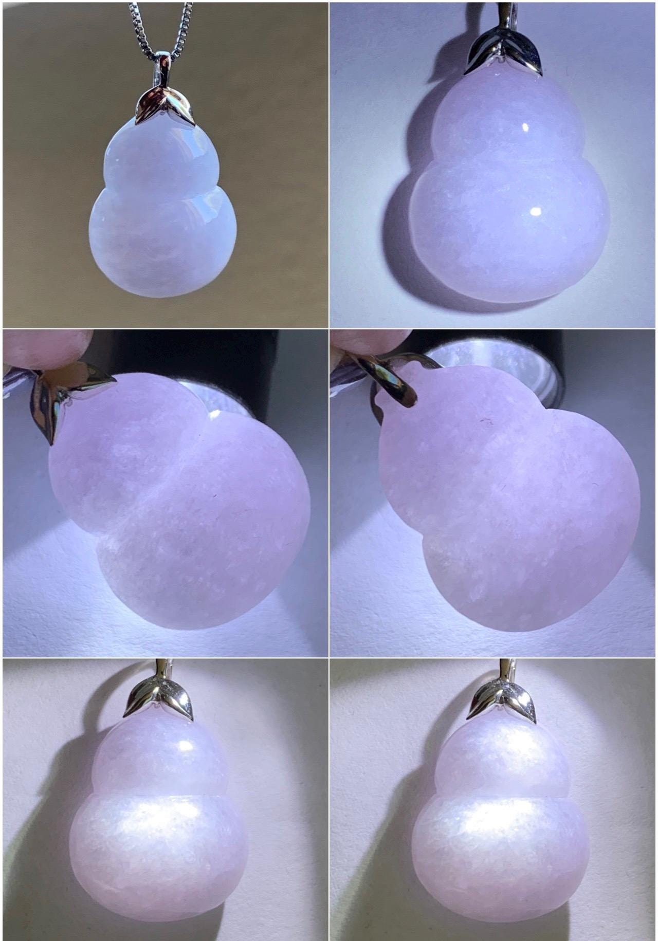 Certified Natural Grade A Icy Translucent Gelatinous Light Purple Jadeite Large Gourd Hulu Pendant 14K White Gold 7.61g 天然冰淡紫翡翠葫芦镶嵌吊坠 9454