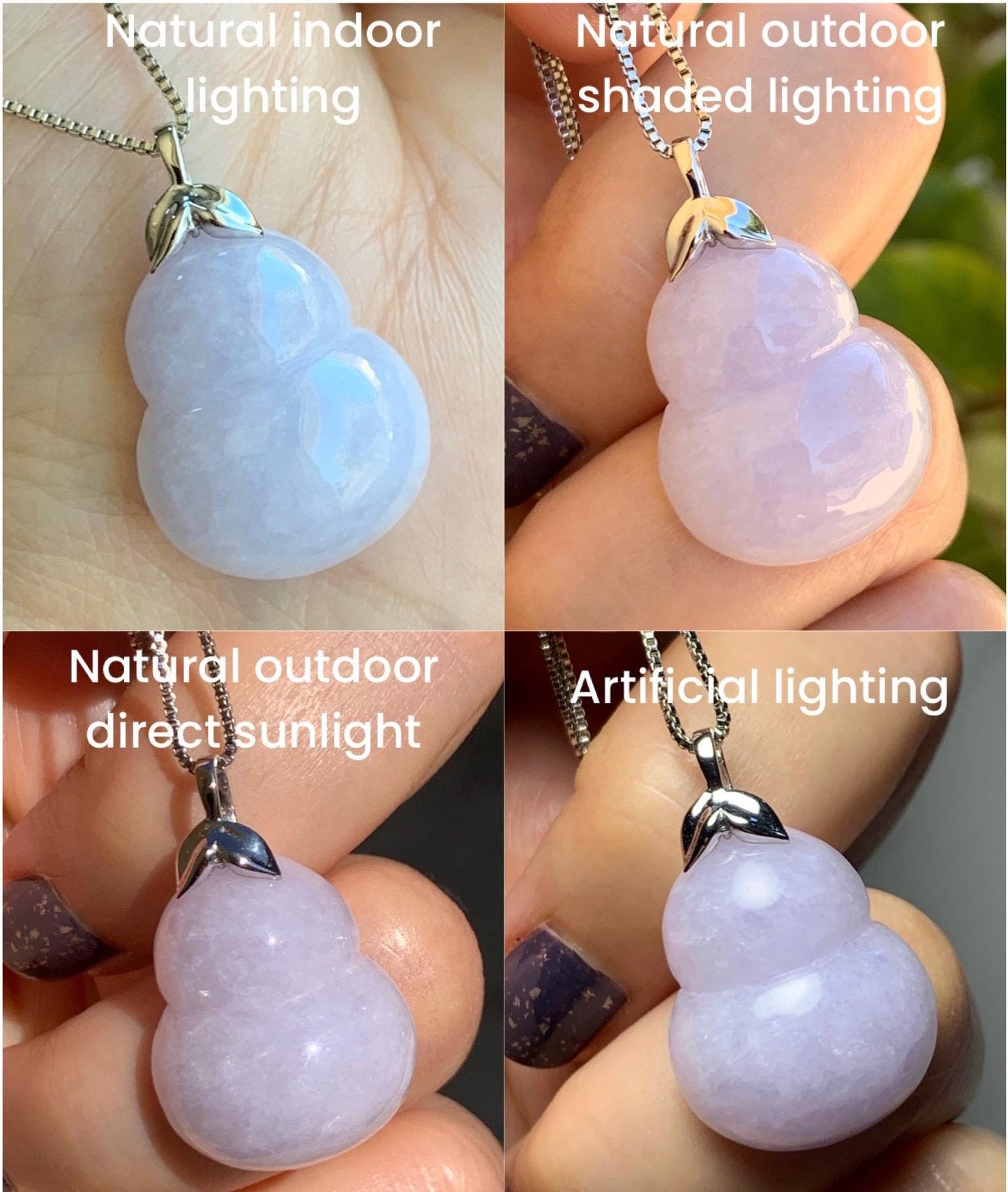 Certified Natural Grade A Icy Translucent Gelatinous Light Purple Jadeite Large Gourd Hulu Pendant 14K White Gold 7.61g 天然冰淡紫翡翠葫芦镶嵌吊坠 9454