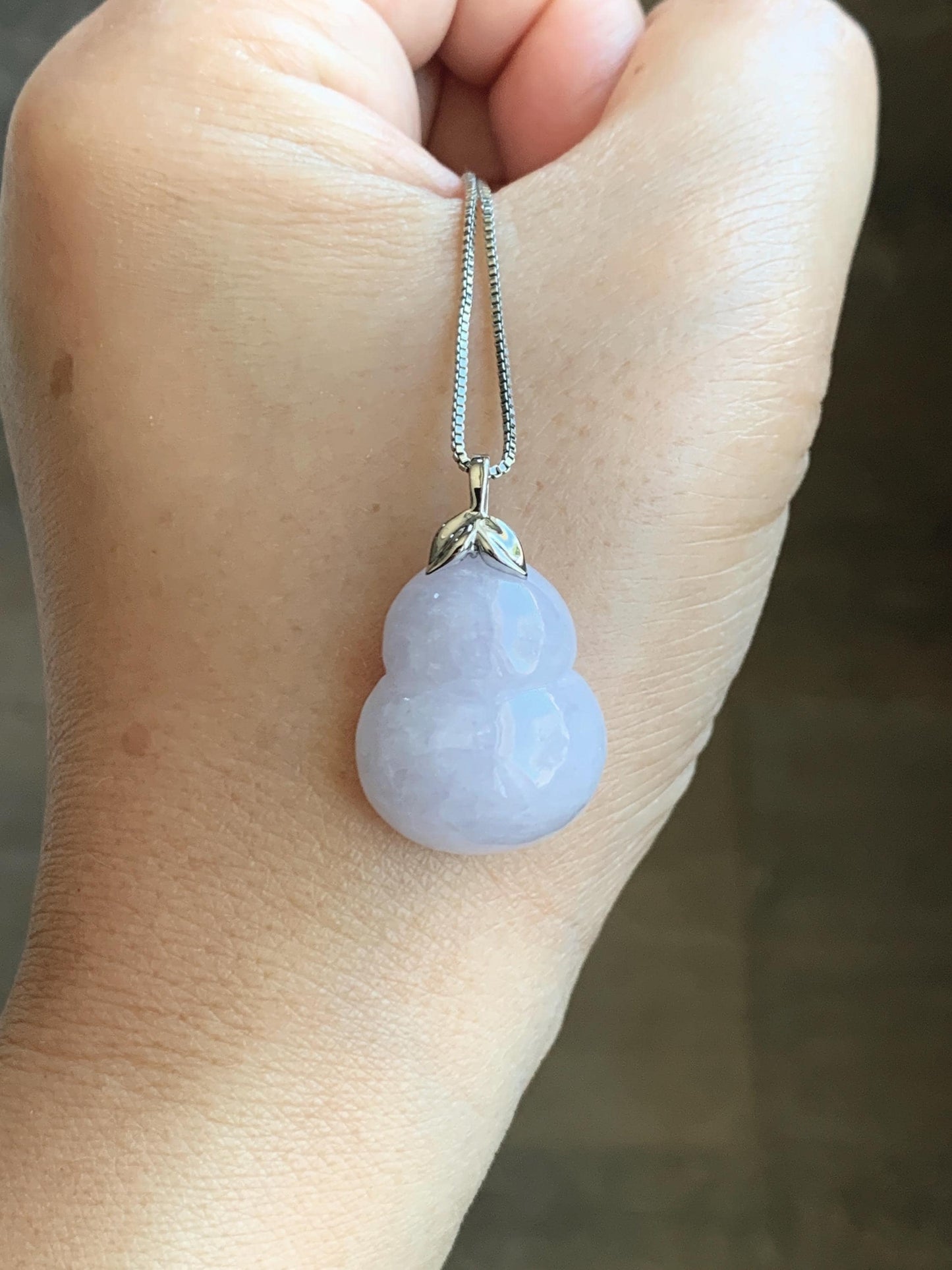 Certified Natural Grade A Icy Translucent Gelatinous Light Purple Jadeite Large Gourd Hulu Pendant 14K White Gold 7.61g 天然冰淡紫翡翠葫芦镶嵌吊坠 9454