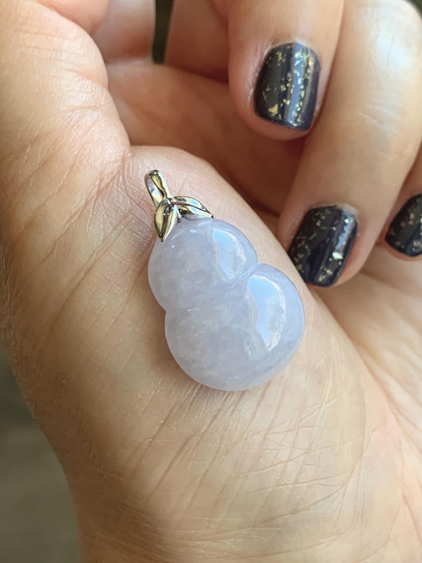 Certified Natural Grade A Icy Translucent Gelatinous Light Purple Jadeite Large Gourd Hulu Pendant 14K White Gold 7.61g 天然冰淡紫翡翠葫芦镶嵌吊坠 9454