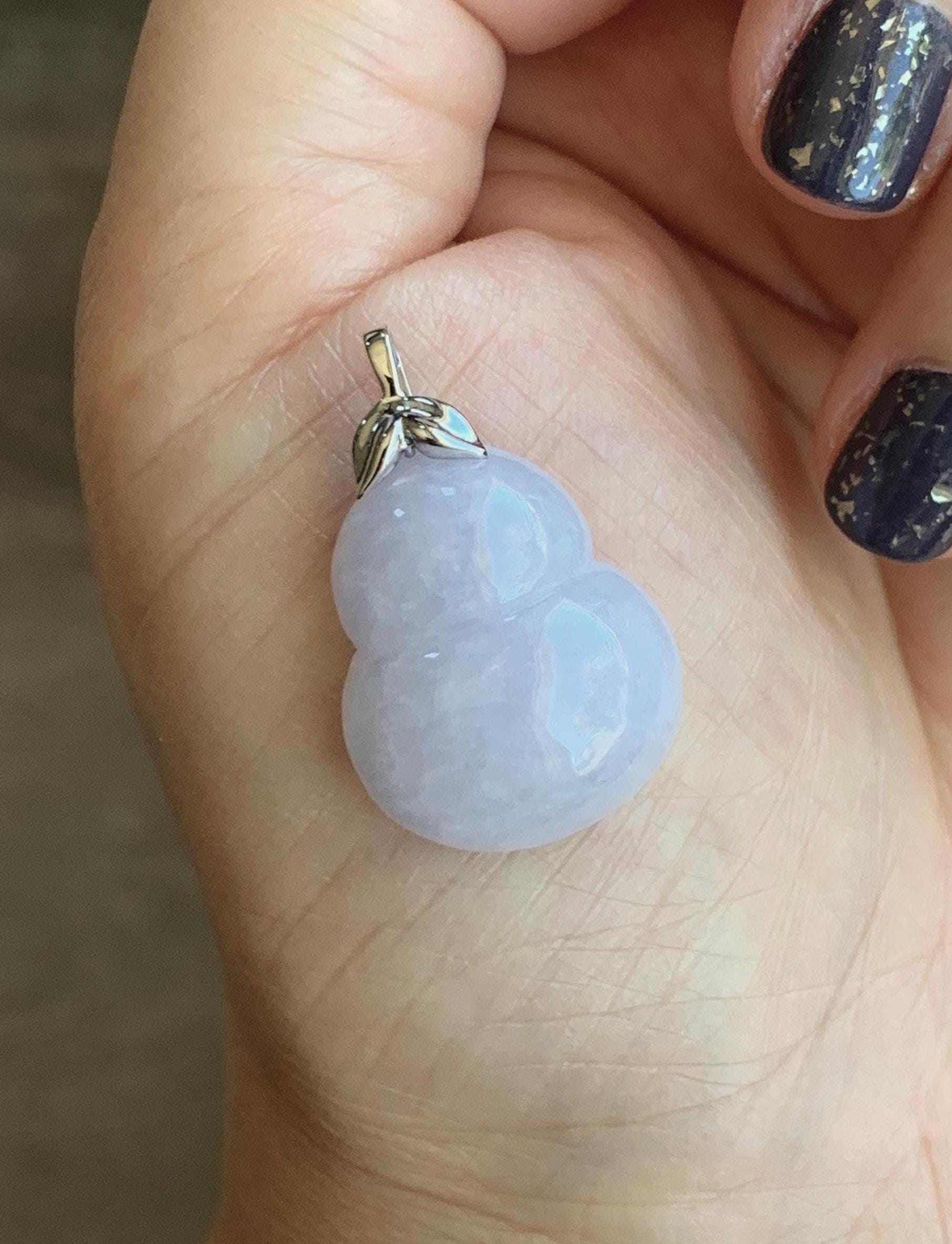 Certified Natural Grade A Icy Translucent Gelatinous Light Purple Jadeite Large Gourd Hulu Pendant 14K White Gold 7.61g 天然冰淡紫翡翠葫芦镶嵌吊坠 9454
