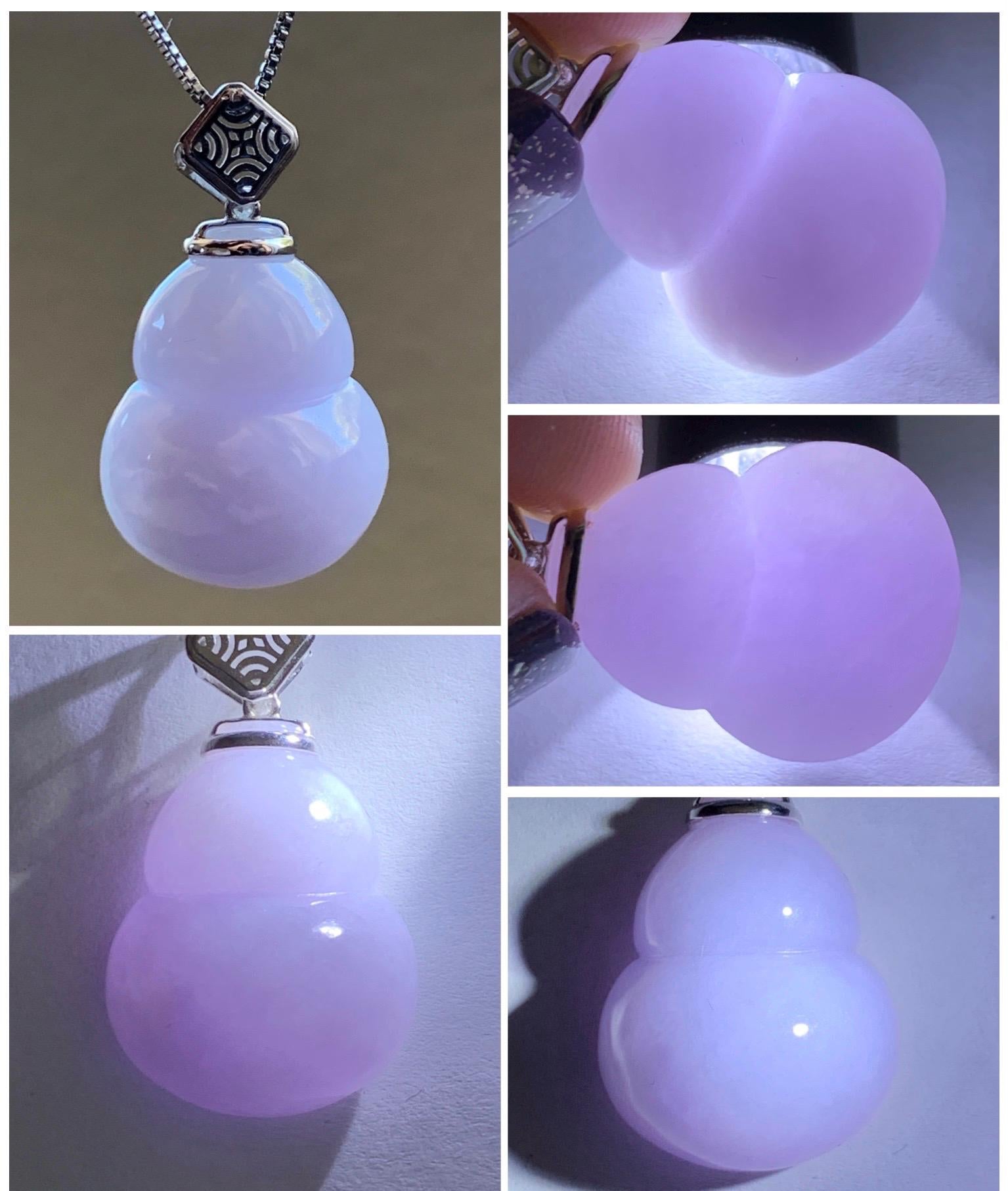Certified Natural Grade A Icy Translucent Gelatinous Light Purple Jadeite Large Gourd Hulu Pendant 14K White Gold 8.28g 天然冰淡紫翡翠葫芦镶嵌吊坠 9451
