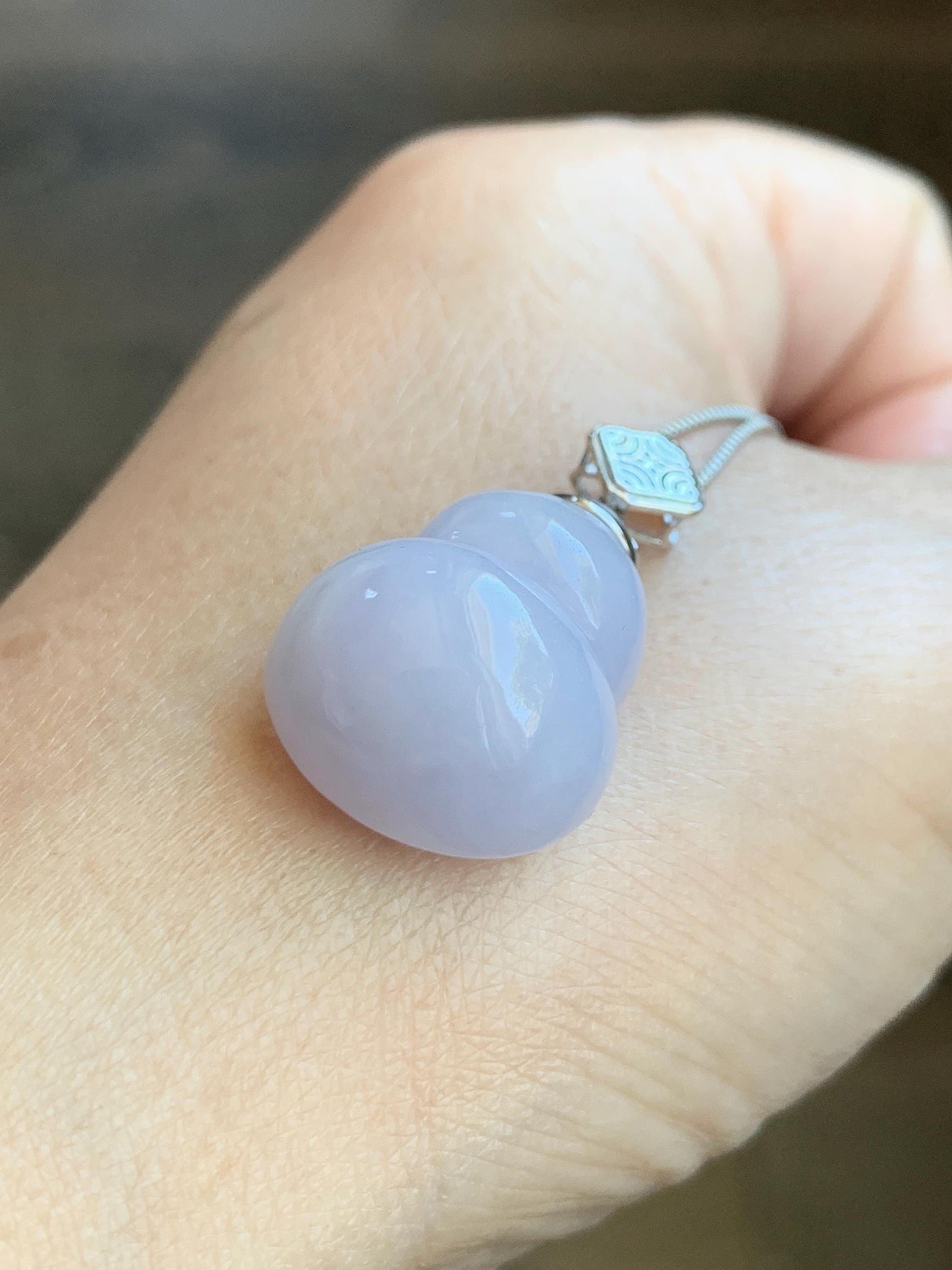 Certified Natural Grade A Icy Translucent Gelatinous Light Purple Jadeite Large Gourd Hulu Pendant 14K White Gold 8.28g 天然冰淡紫翡翠葫芦镶嵌吊坠 9451