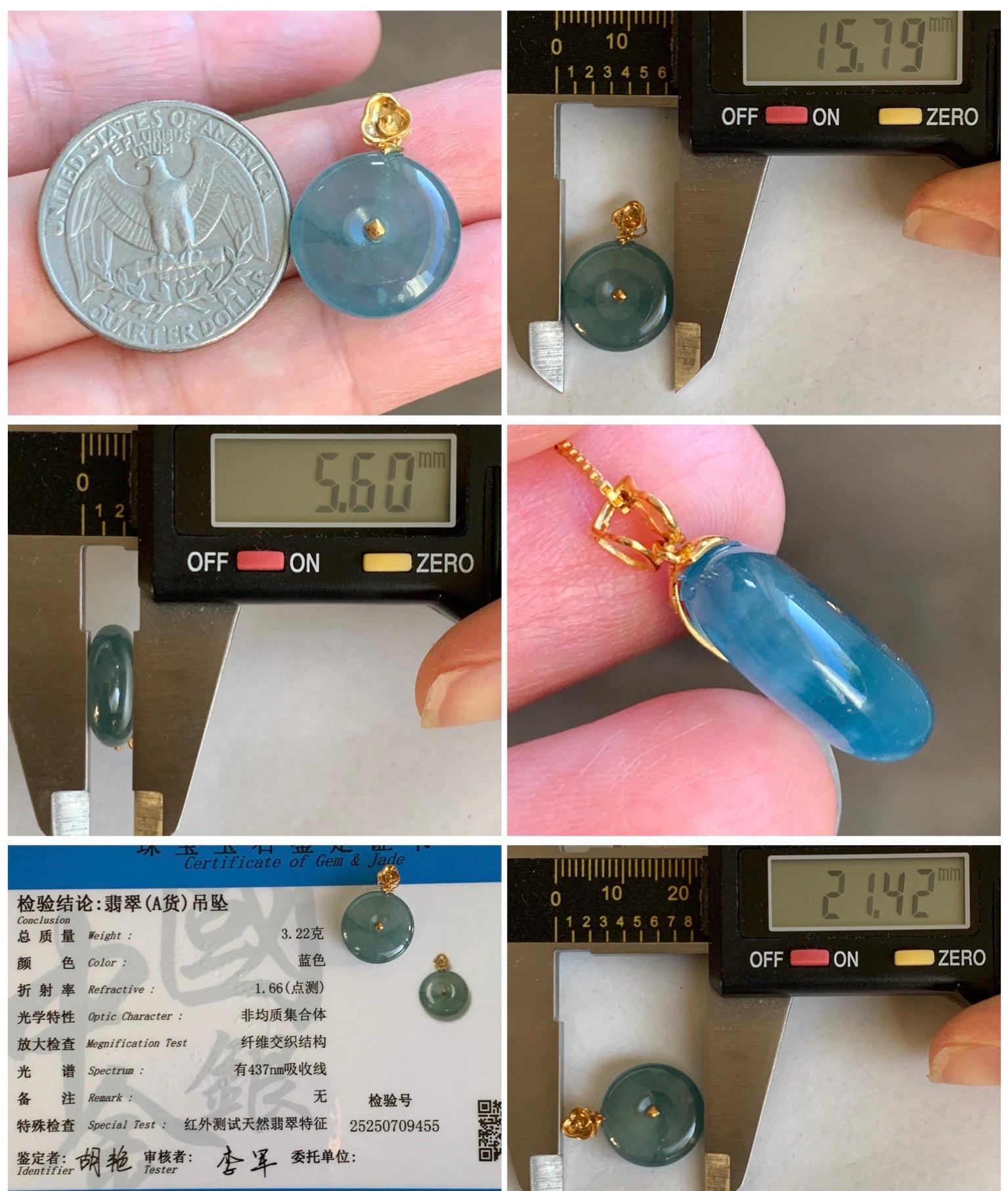 Certified Natural Grade A Guatemalan Icy Highly Translucent Teal Blue Jadeite Ping An Kou Donut Pendant 14K Yellow Gold 天然冰危蓝平安扣镶嵌吊坠 9455