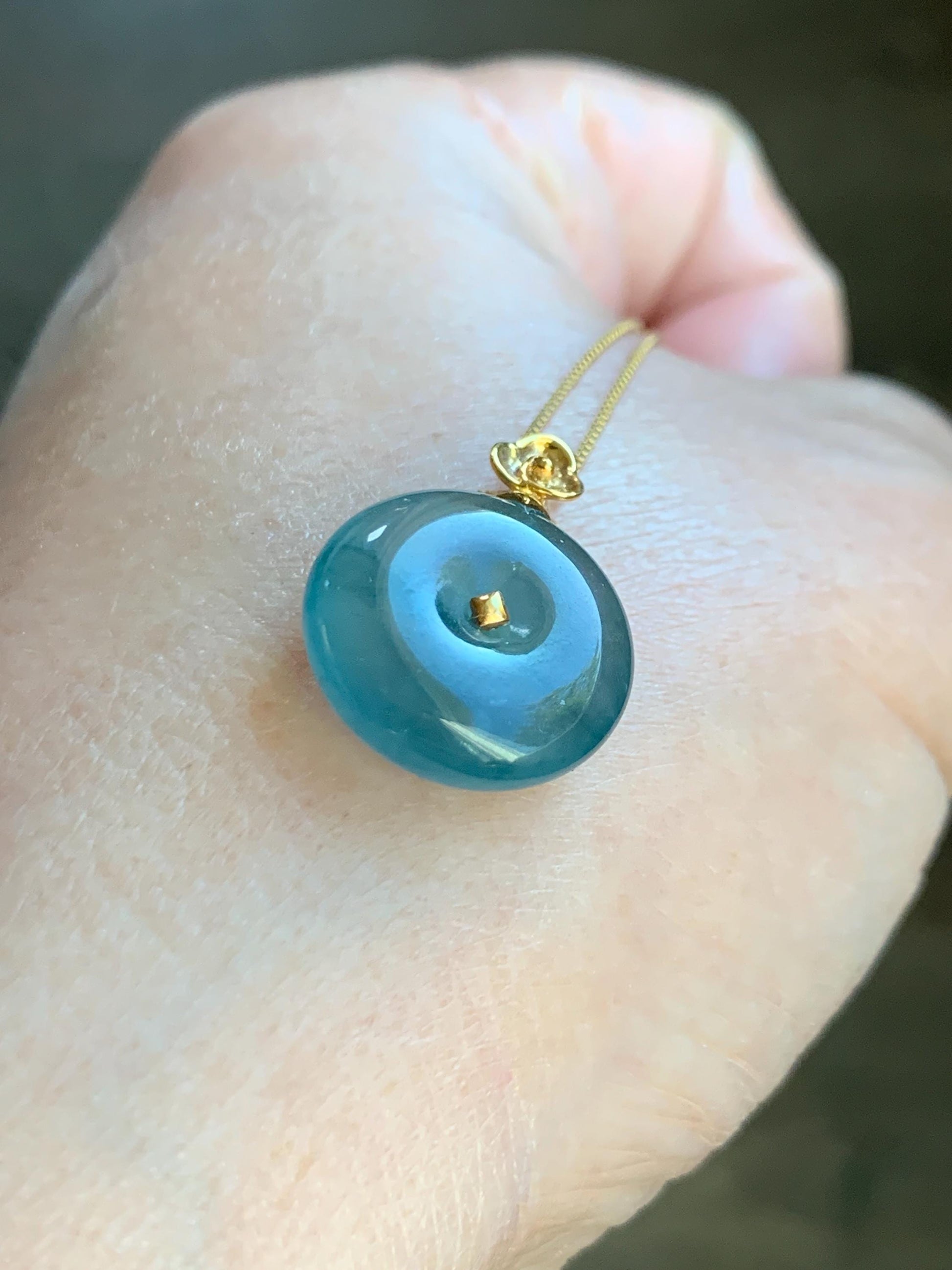 Certified Natural Grade A Guatemalan Icy Highly Translucent Teal Blue Jadeite Ping An Kou Donut Pendant 14K Yellow Gold 天然冰危蓝平安扣镶嵌吊坠 9455