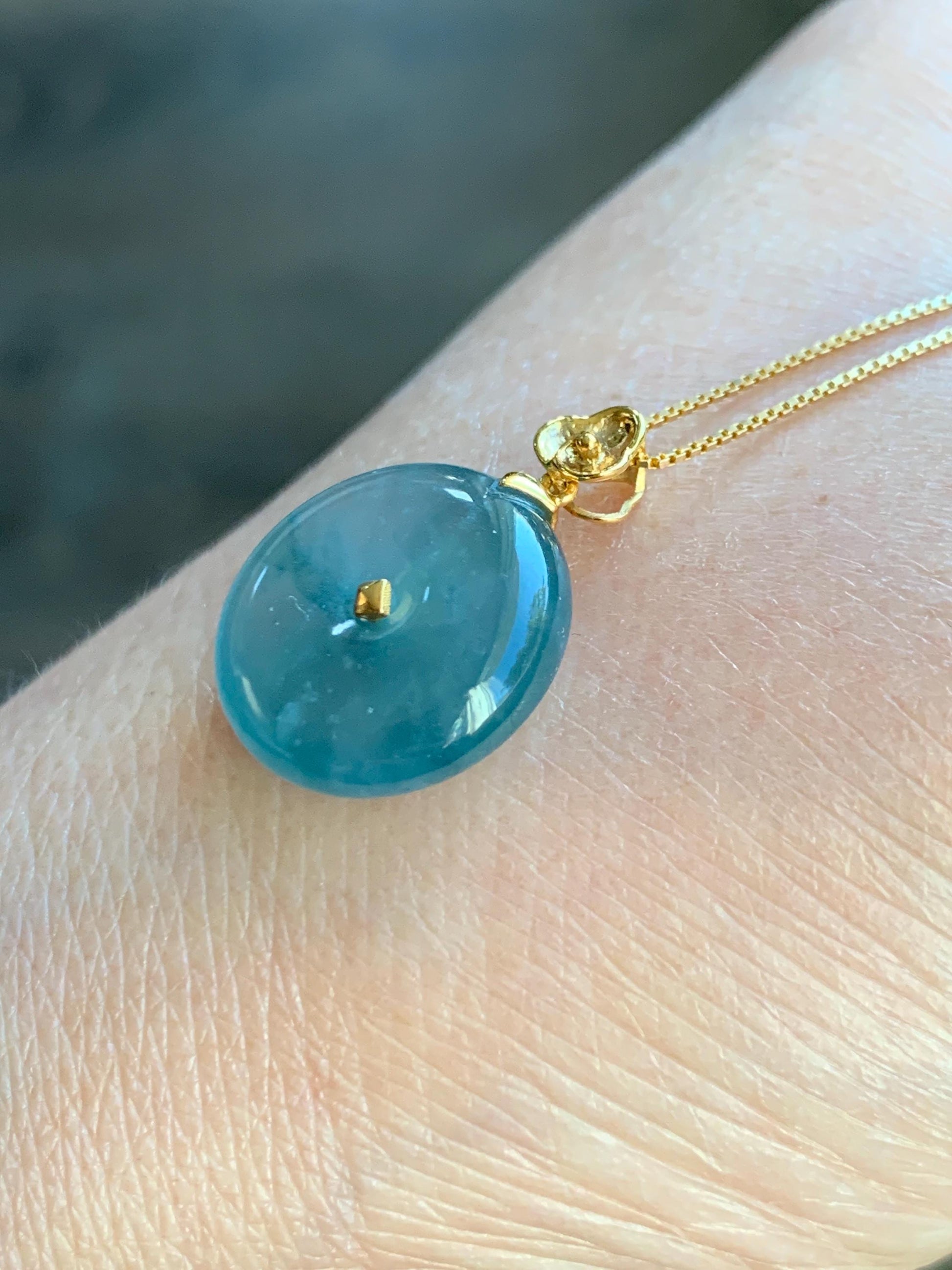 Certified Natural Grade A Guatemalan Icy Highly Translucent Teal Blue Jadeite Ping An Kou Donut Pendant 14K Yellow Gold 天然冰危蓝平安扣镶嵌吊坠 9455