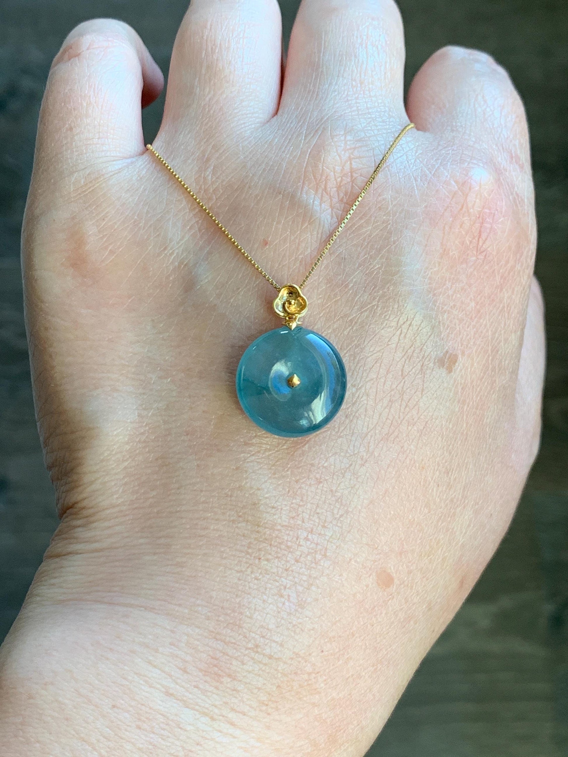 Certified Natural Grade A Guatemalan Icy Highly Translucent Teal Blue Jadeite Ping An Kou Donut Pendant 14K Yellow Gold 天然冰危蓝平安扣镶嵌吊坠 9455