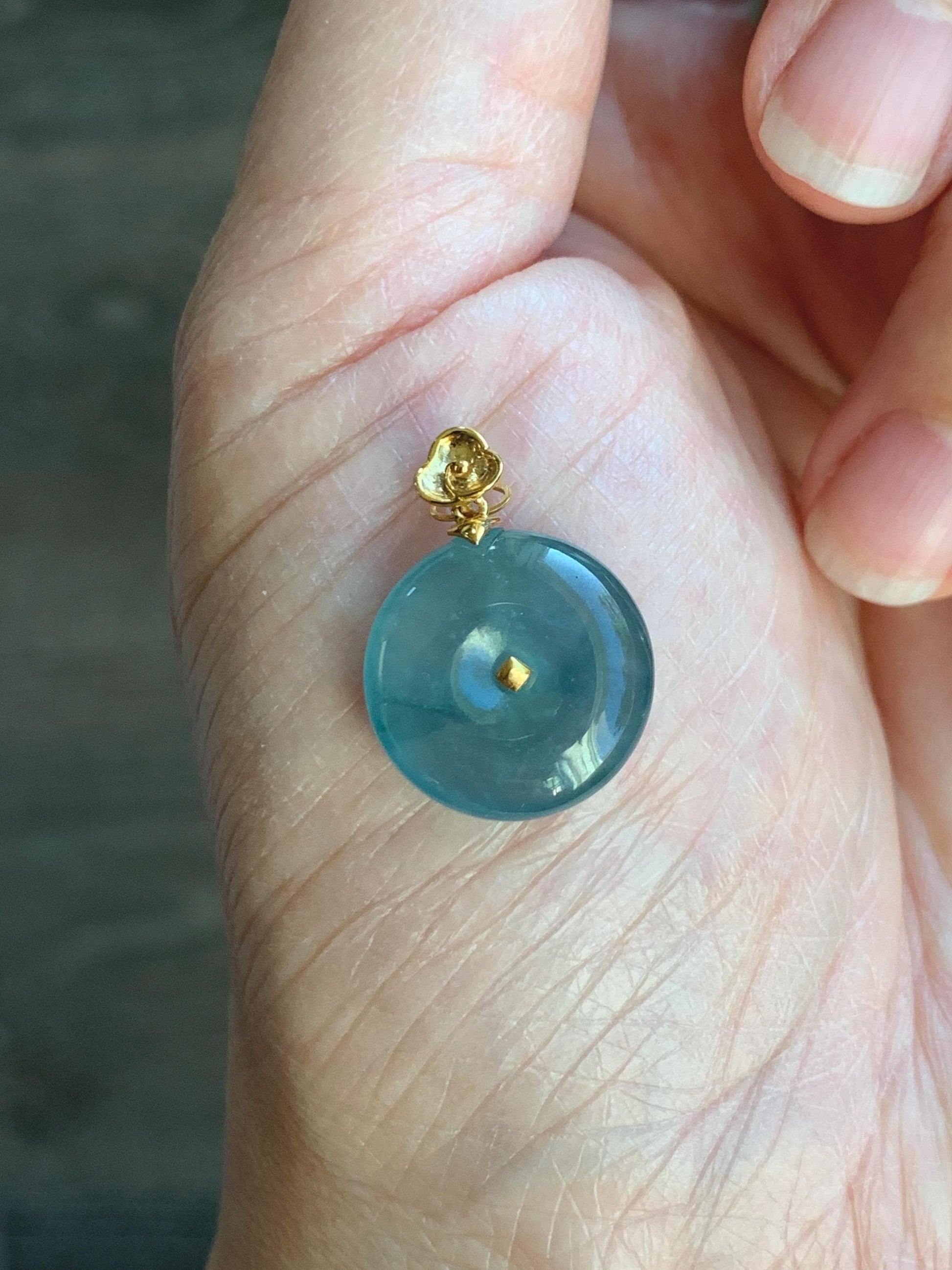 Certified Natural Grade A Guatemalan Icy Highly Translucent Teal Blue Jadeite Ping An Kou Donut Pendant 14K Yellow Gold 天然冰危蓝平安扣镶嵌吊坠 9455