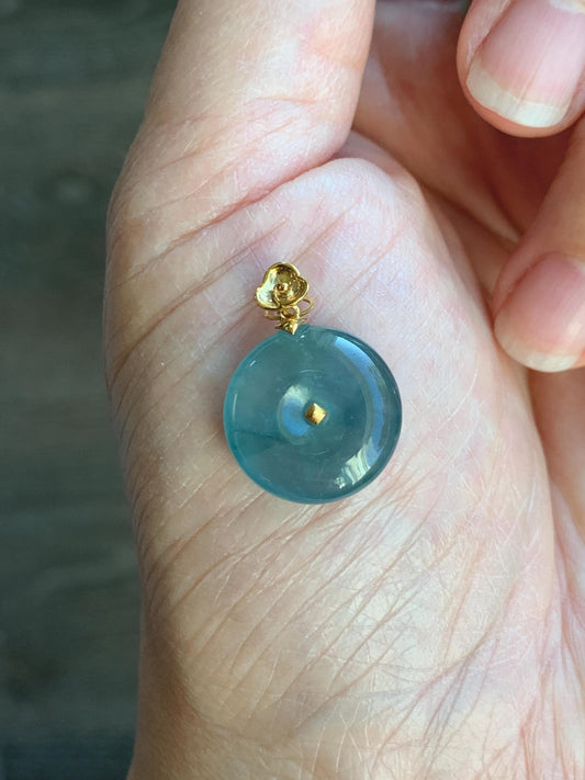 Certified Natural Grade A Guatemalan Icy Highly Translucent Teal Blue Jadeite Ping An Kou Donut Pendant 14K Yellow Gold 天然冰危蓝平安扣镶嵌吊坠 9455