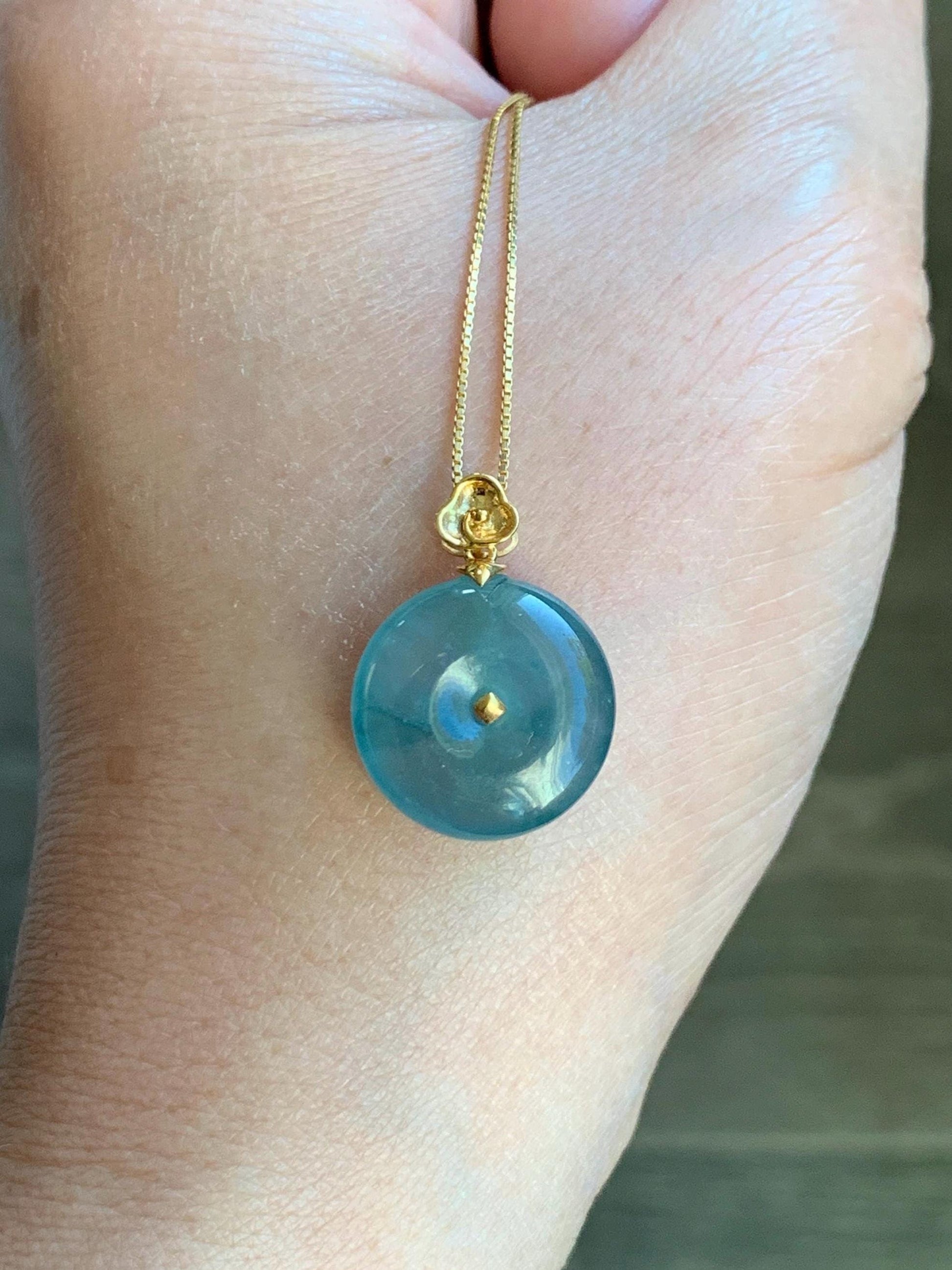Certified Natural Grade A Guatemalan Icy Highly Translucent Teal Blue Jadeite Ping An Kou Donut Pendant 14K Yellow Gold 天然冰危蓝平安扣镶嵌吊坠 9455