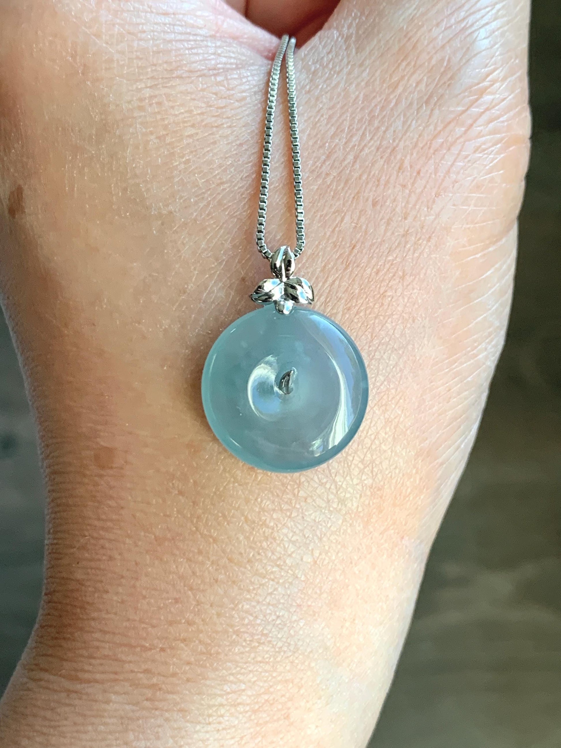 Certified Natural Guatemalan Icy Highly Translucent Light Teal Blue Jadeite Ping An Kou Donut Pendant 14K White Gold 天然冰危浅蓝绿平安扣镶嵌吊坠 9456