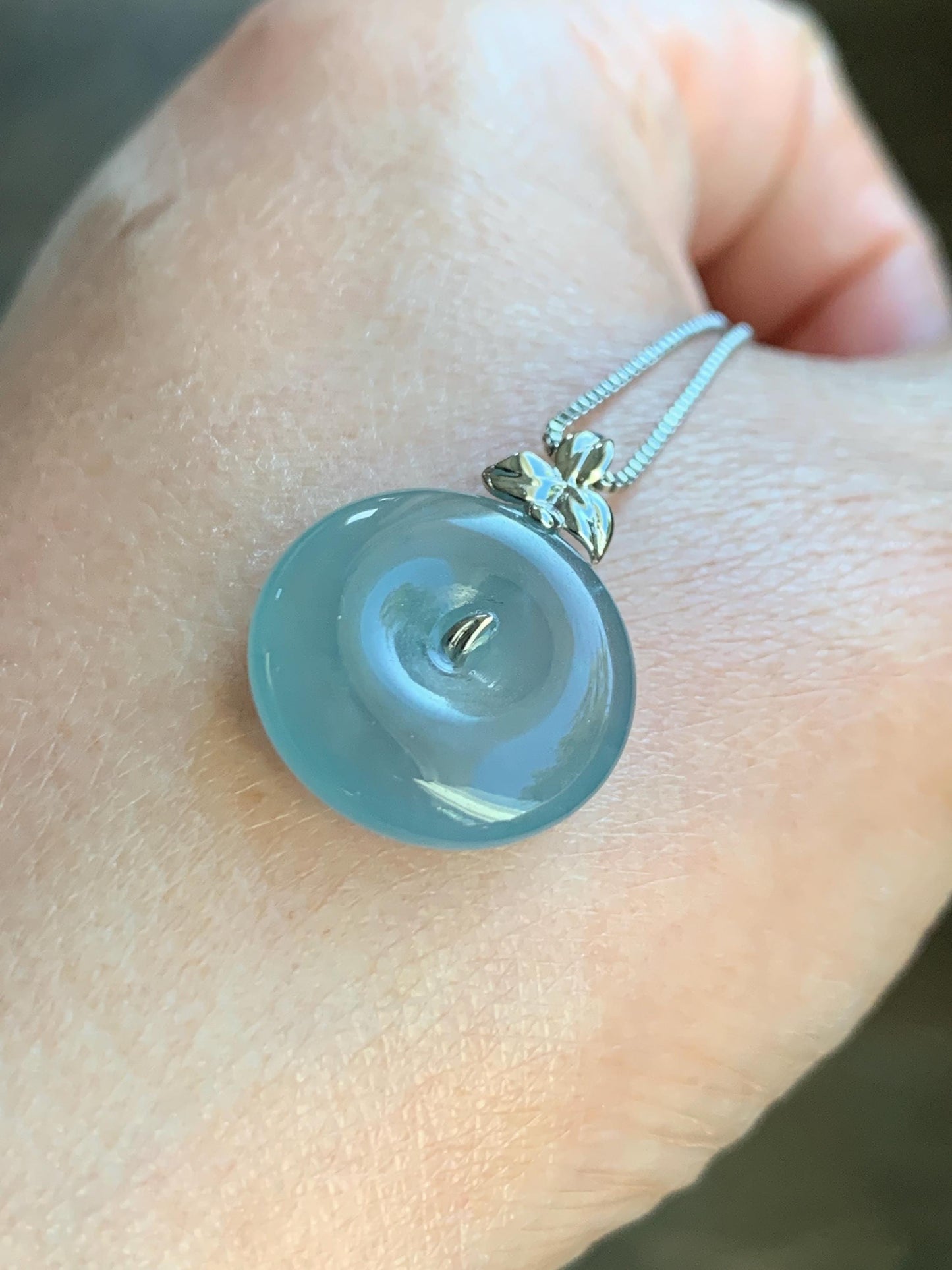 Certified Natural Guatemalan Icy Highly Translucent Light Teal Blue Jadeite Ping An Kou Donut Pendant 14K White Gold 天然冰危浅蓝绿平安扣镶嵌吊坠 9456