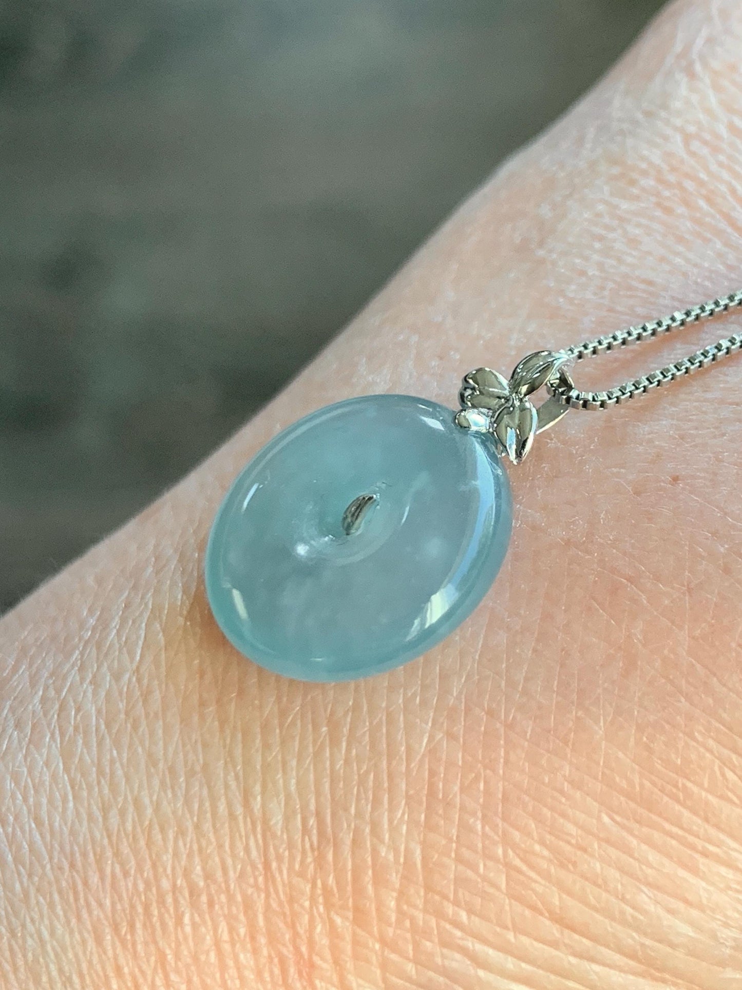 Certified Natural Guatemalan Icy Highly Translucent Light Teal Blue Jadeite Ping An Kou Donut Pendant 14K White Gold 天然冰危浅蓝绿平安扣镶嵌吊坠 9456